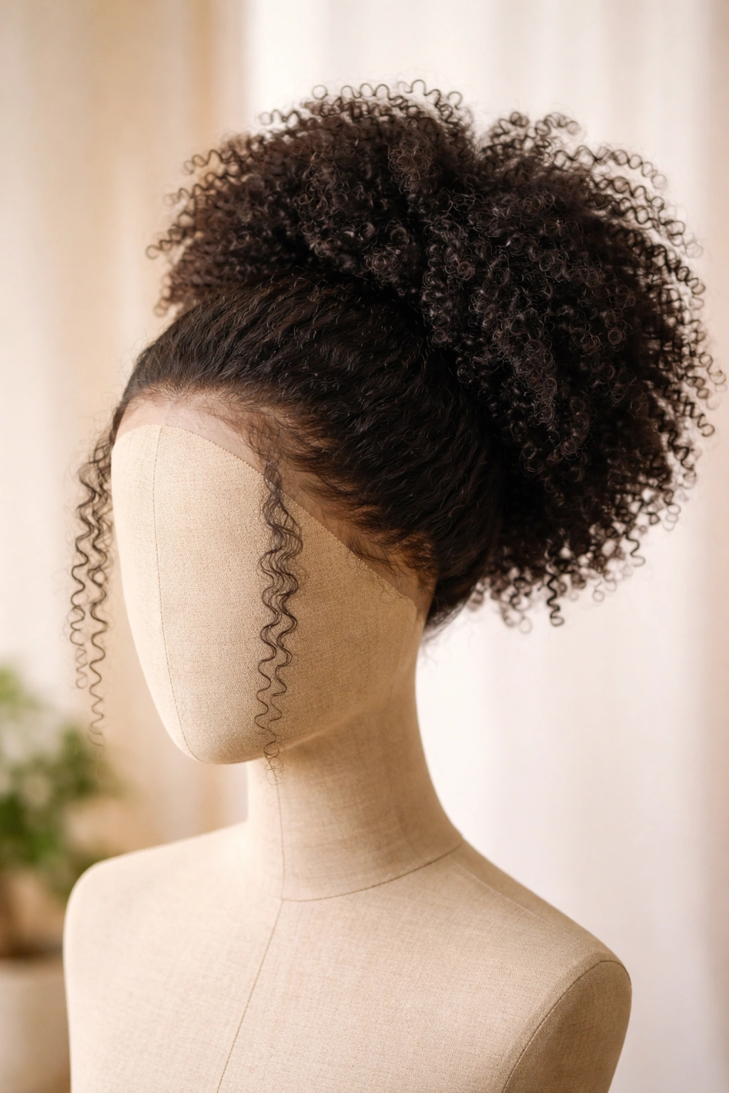 360 Lace Afro Wig displayed on a head form with a loose high ponytail