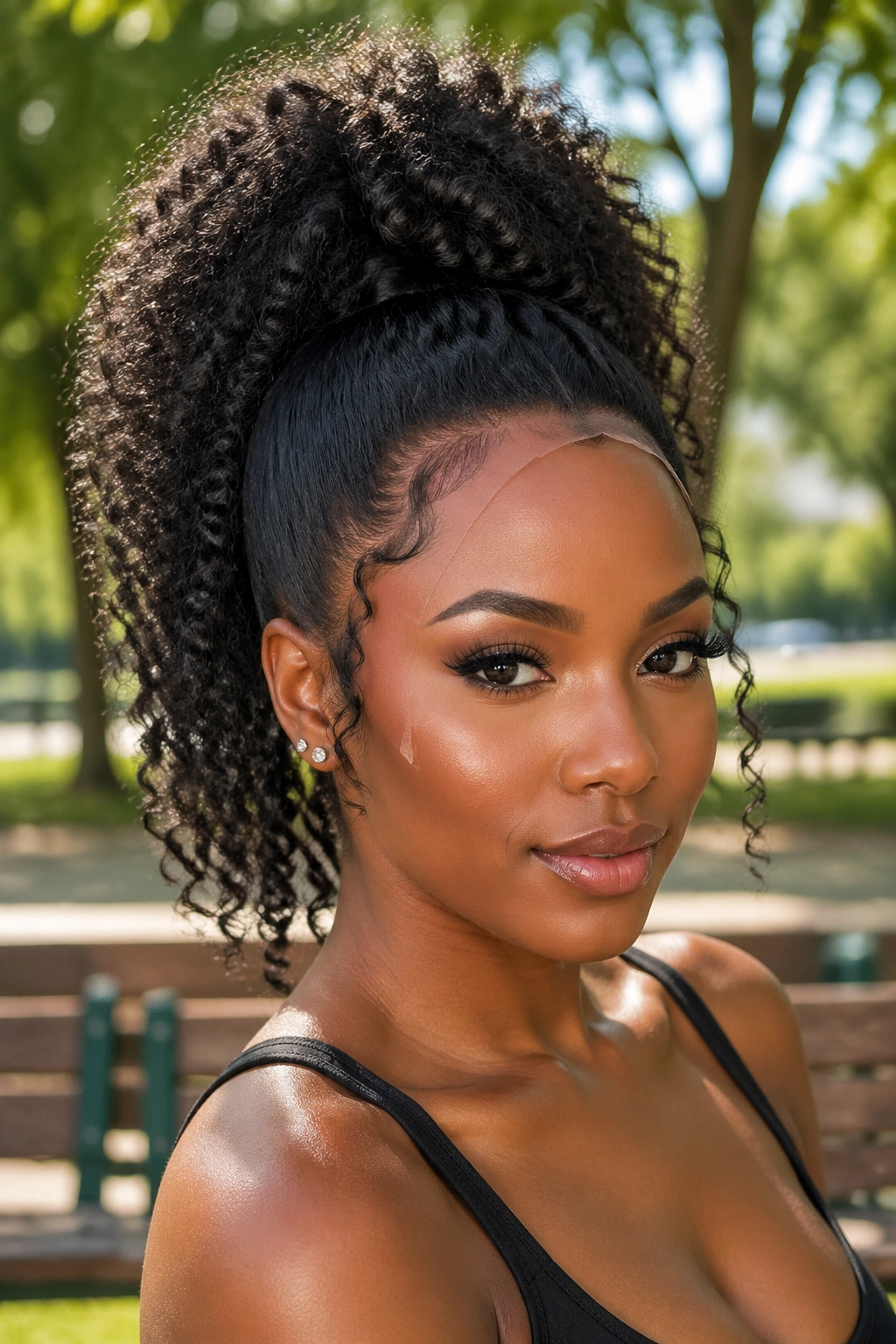 Real woman wearing 360 lace curly Afro wig in a high ponytail outdoors