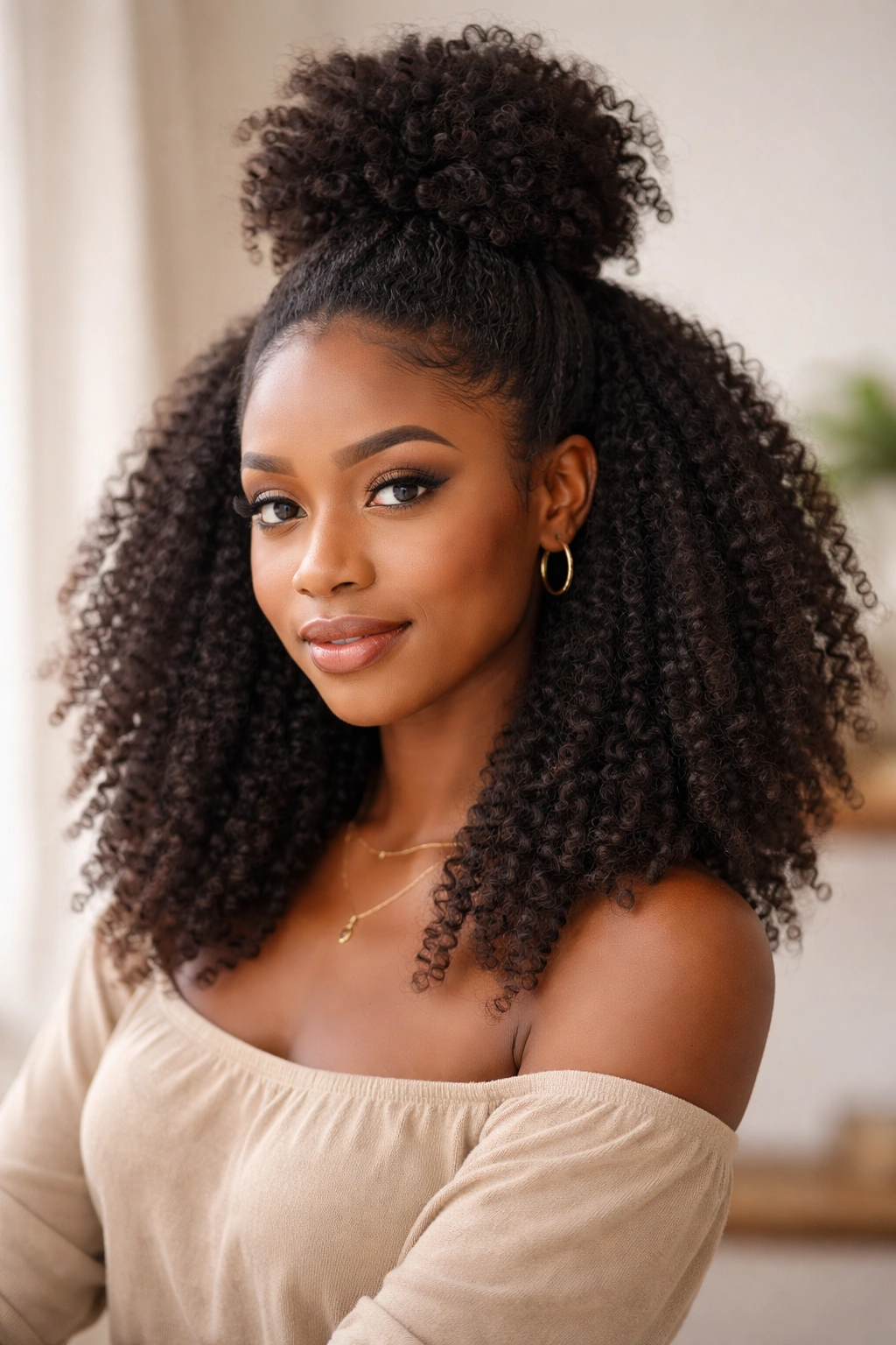 Medium shot of a 4C half-up half-down Afro with top puff and bottom loose hair