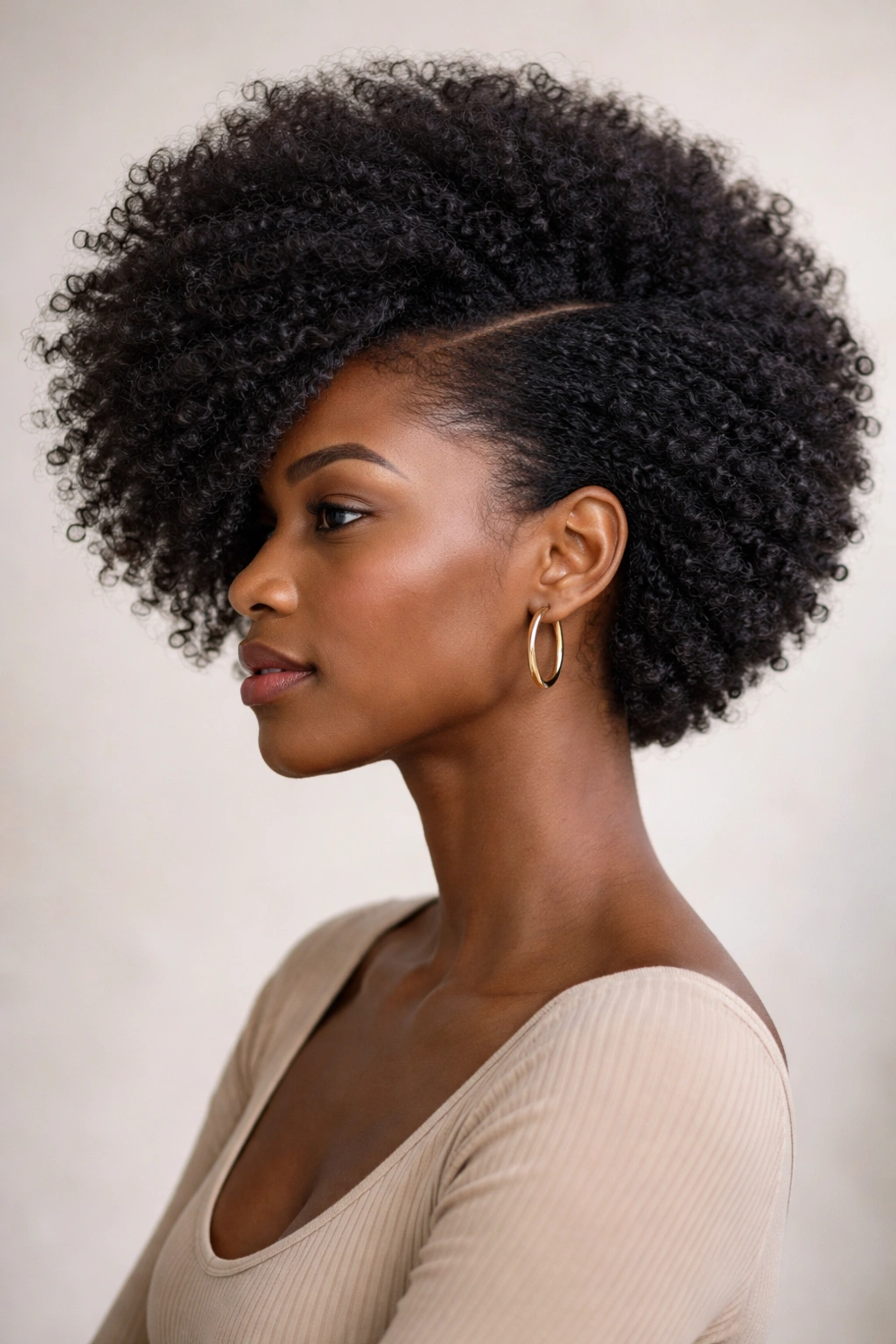 Profile view of a 4C side-swept Afro with crisp part and volume