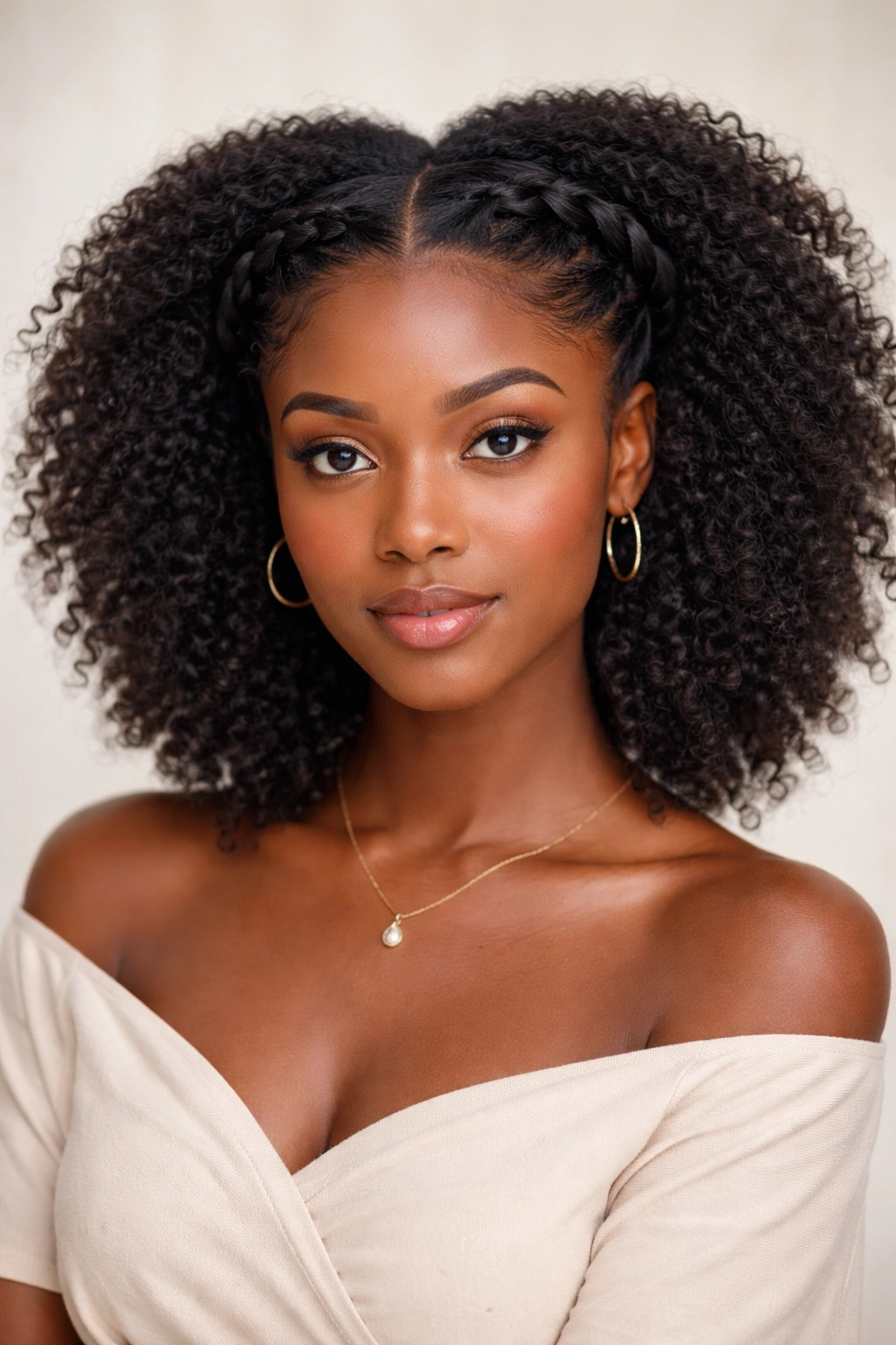 Front view of a 4C flat-twist crown Afro with twists across the forehead