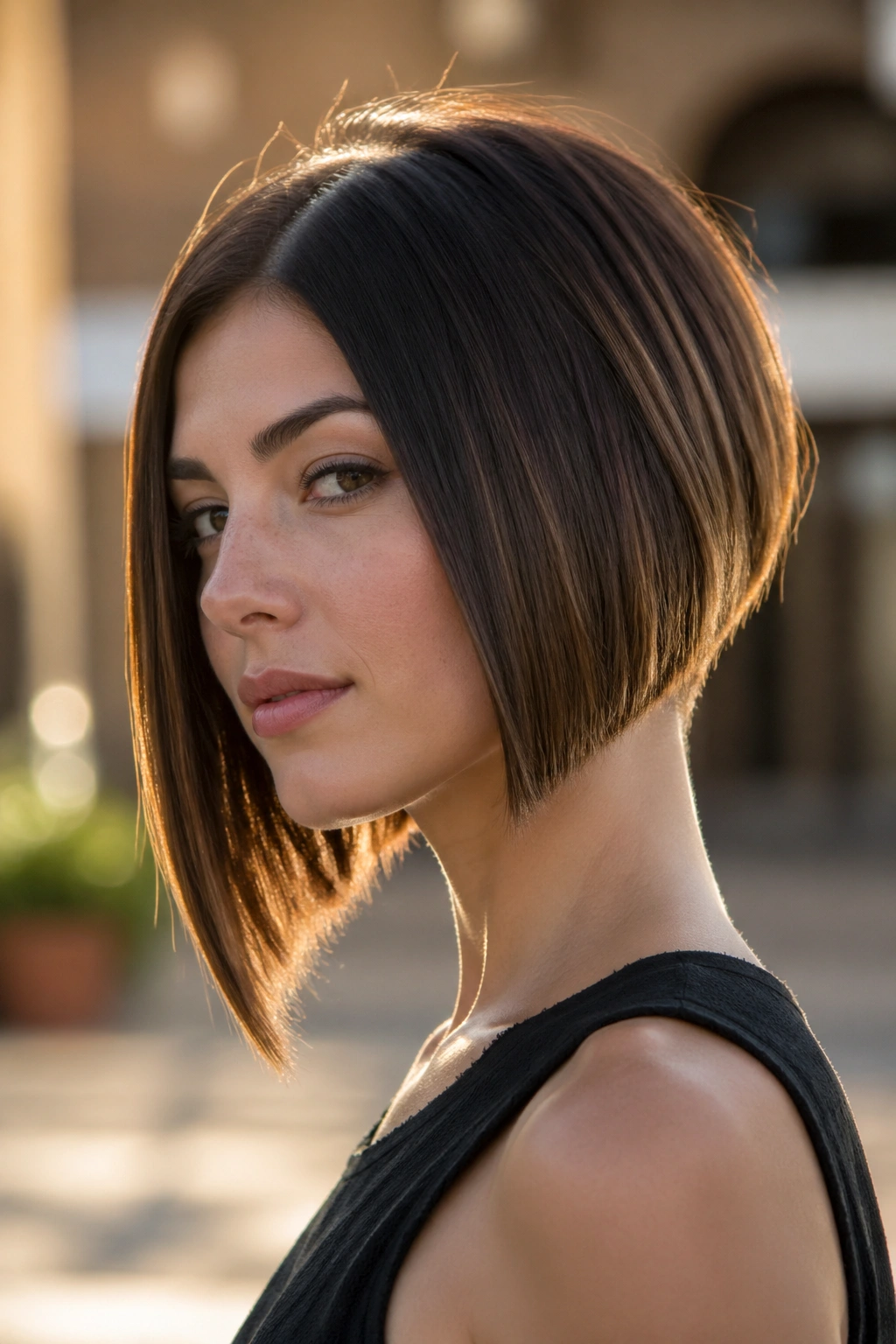 Portrait of a woman with an A-line bob and strong angle.