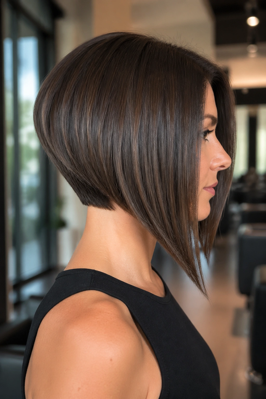 Profile portrait of deep A-line asymmetrical bob