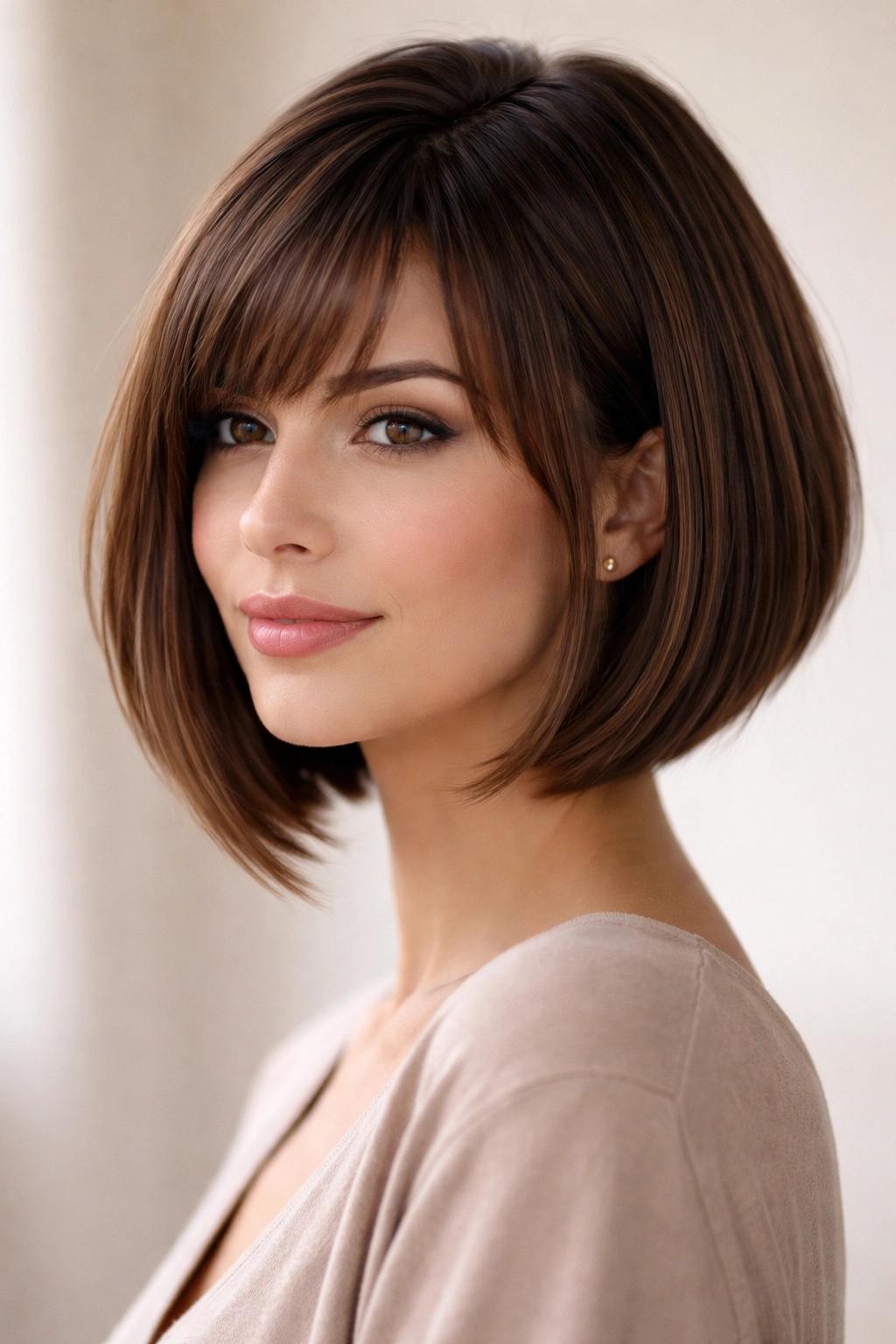 A-line bob with blended bangs fading into the haircut.