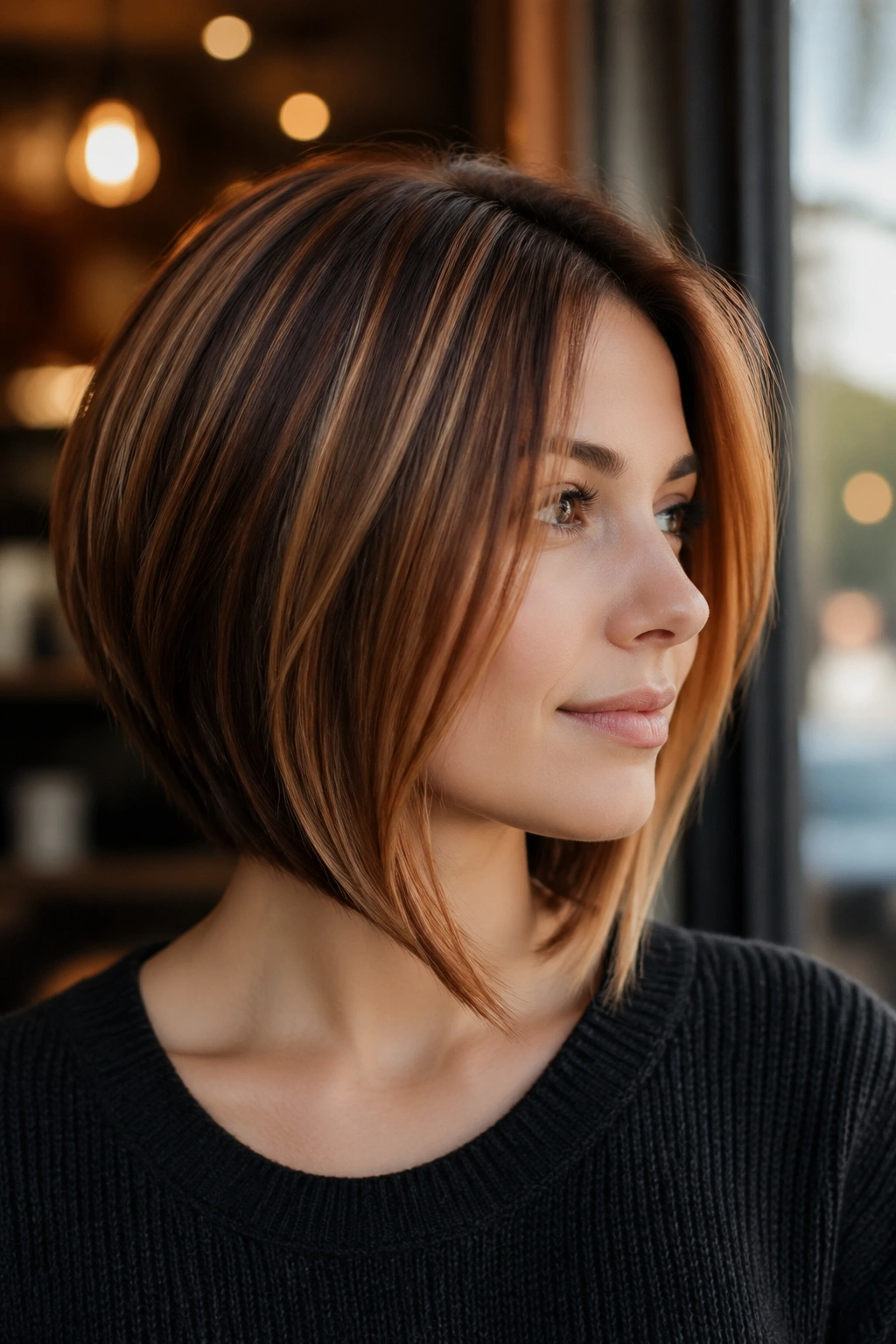 Close-up of a real woman with an A-line bob and cinnamon highlights in warm interior light