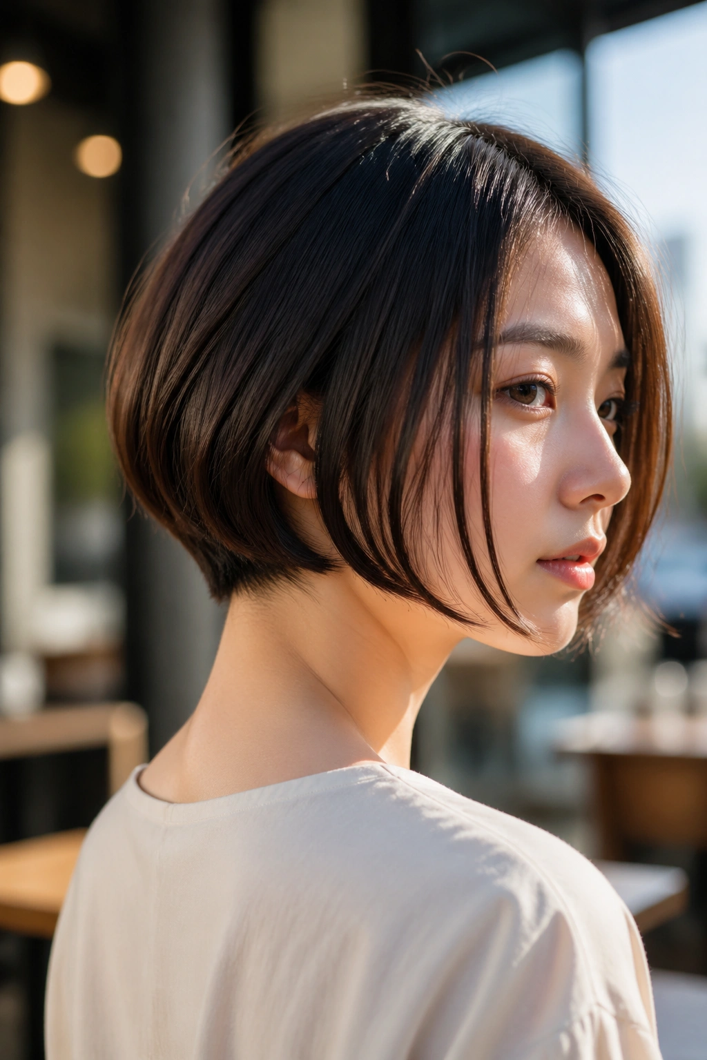 Close-up of real person with A-line bob and clean nape in golden hour light