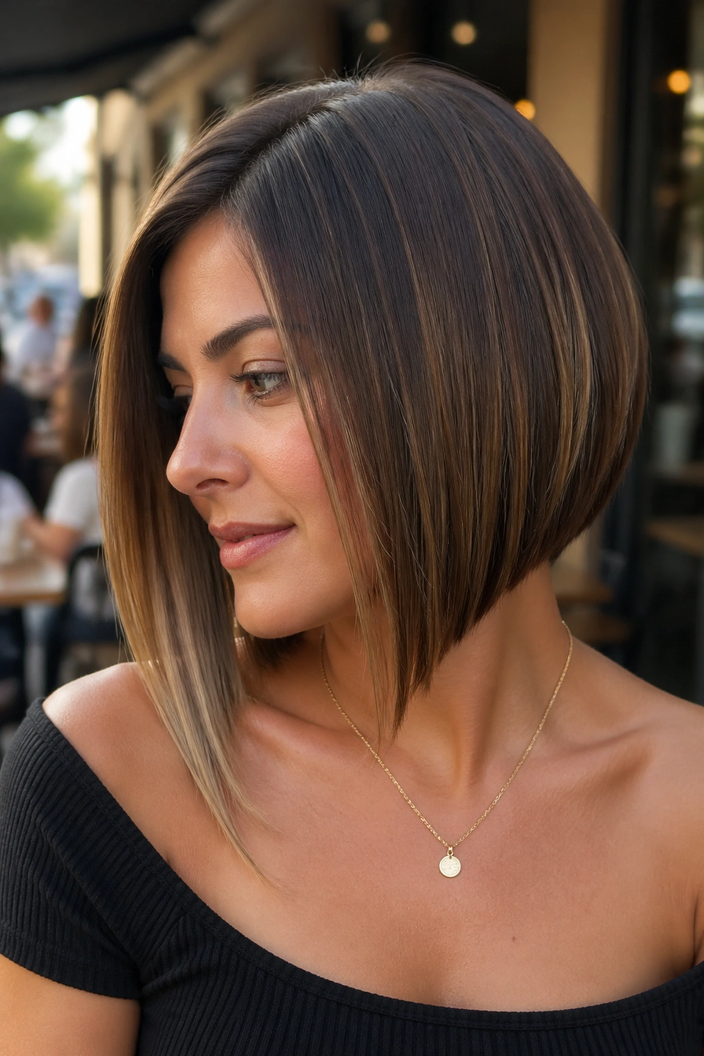 Close-up portrait of a real person with an A-line bob showing a diagonal silhouette