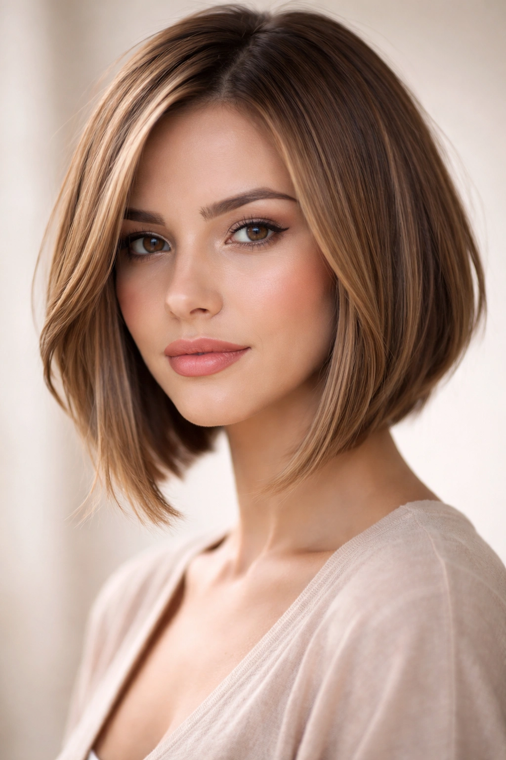 A-line bob with face-framing pieces softening the line.
