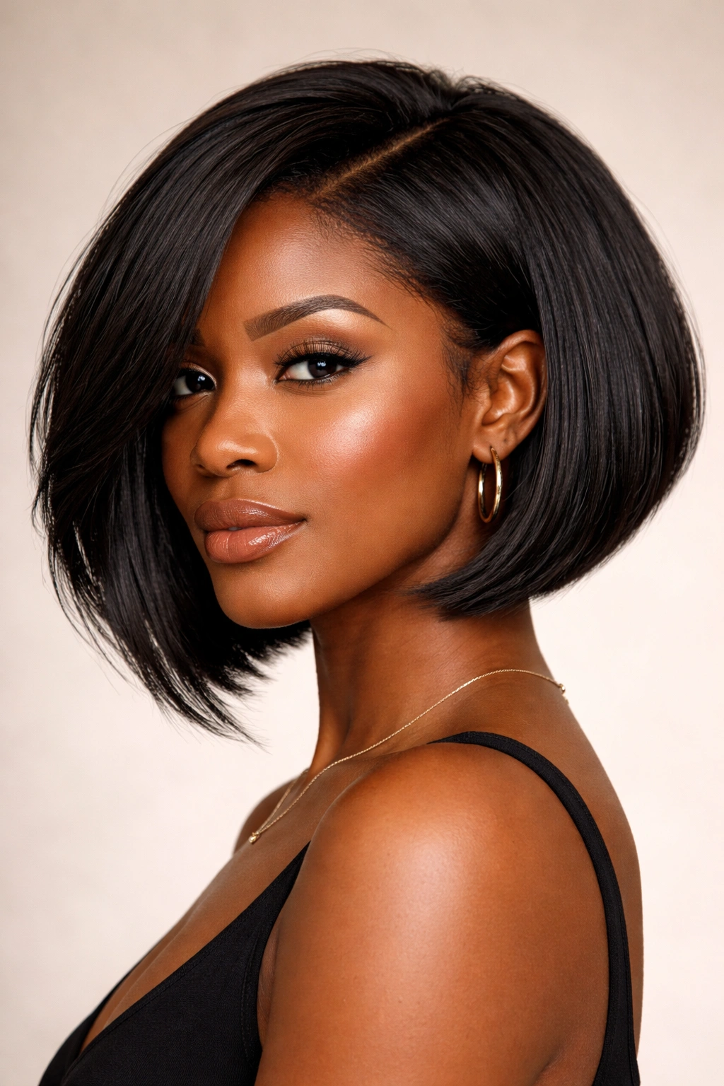 Black woman with A-line bob featuring forward-swinging front and shorter back