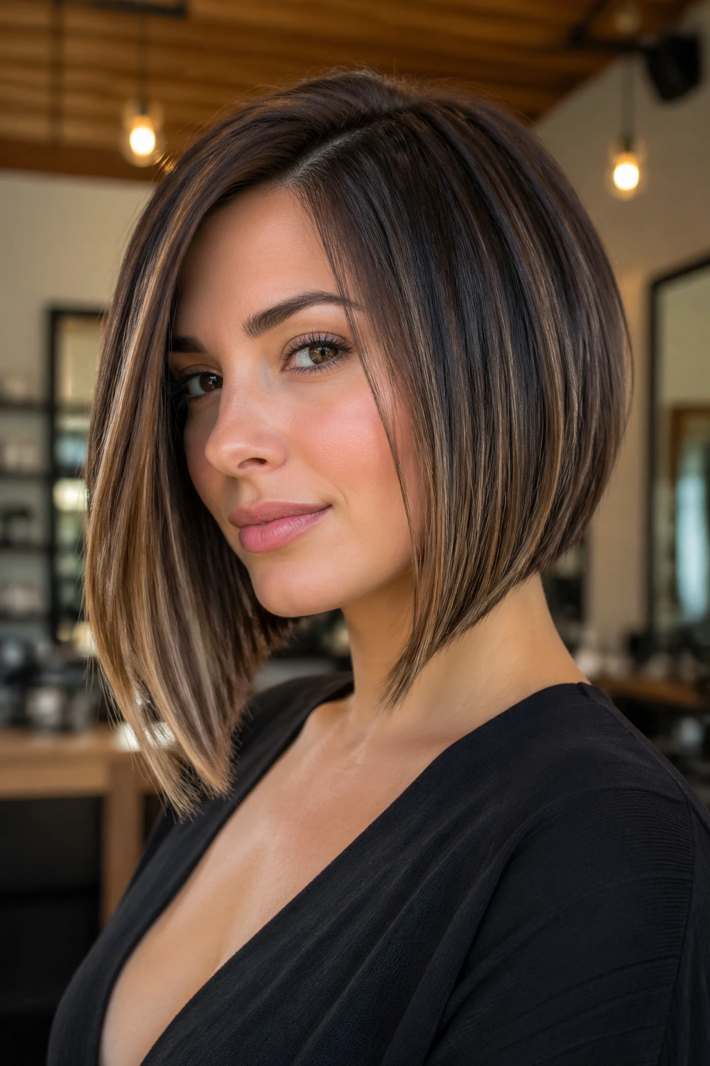 Close-up portrait of a real woman with an A-line bob and longer front pieces.