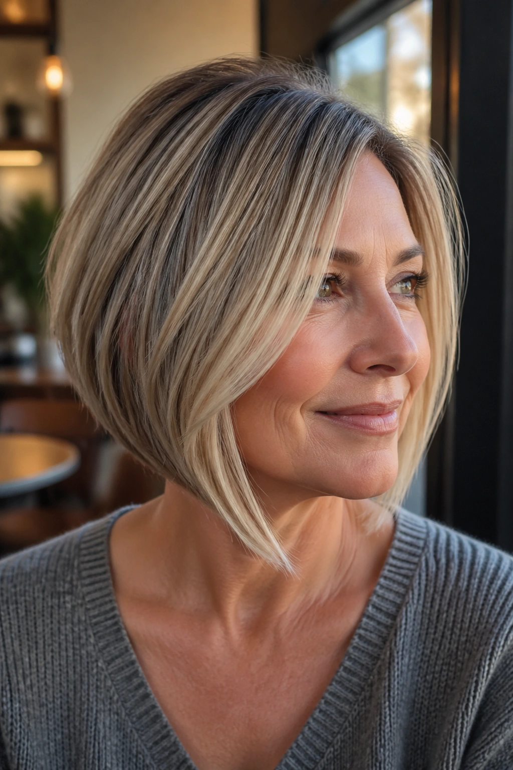 Close-up portrait of a real woman with an A-Line Bob With Longer Front Pieces in warm cafe light