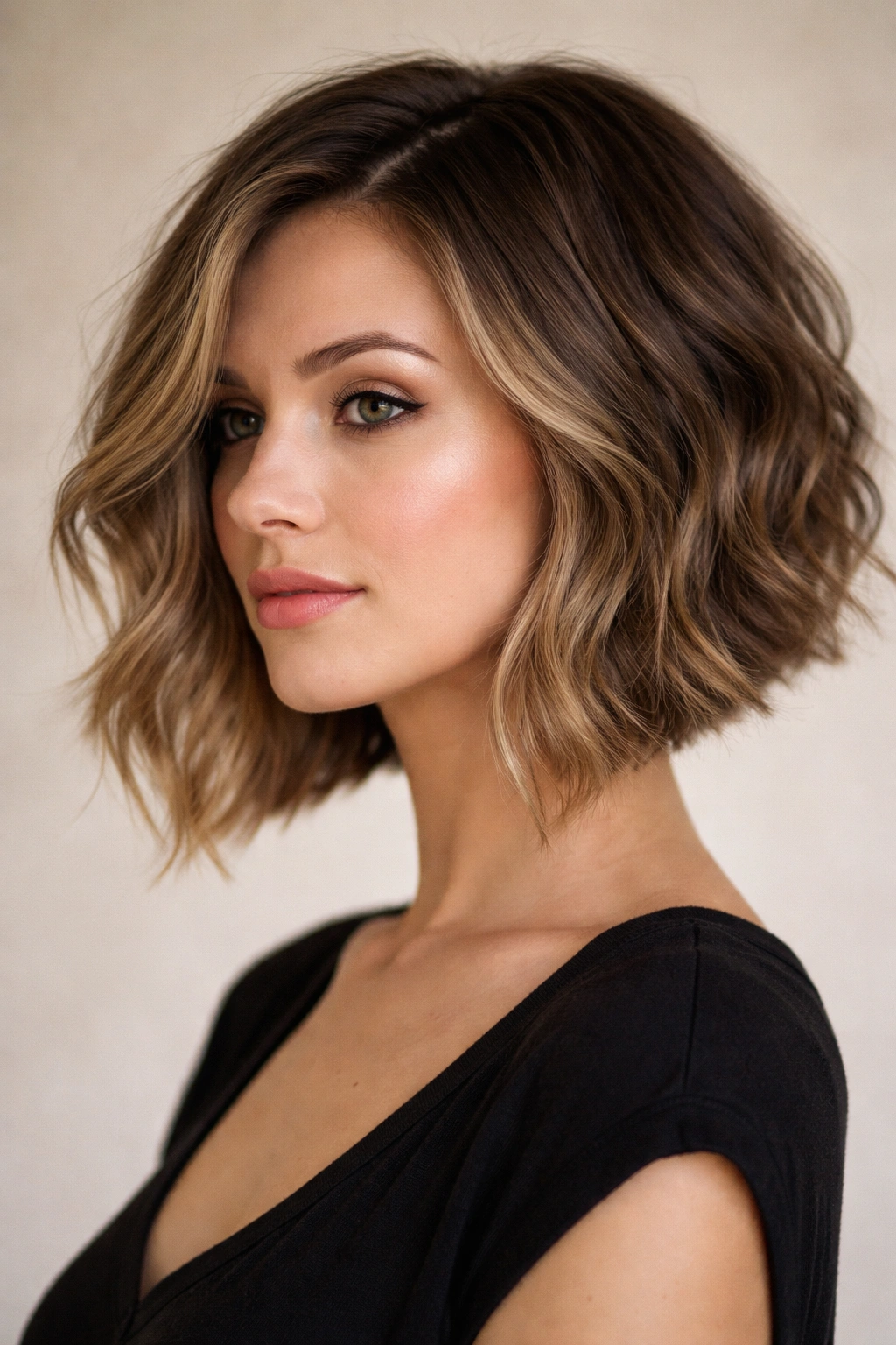 A-line bob with longer front on wavy hair