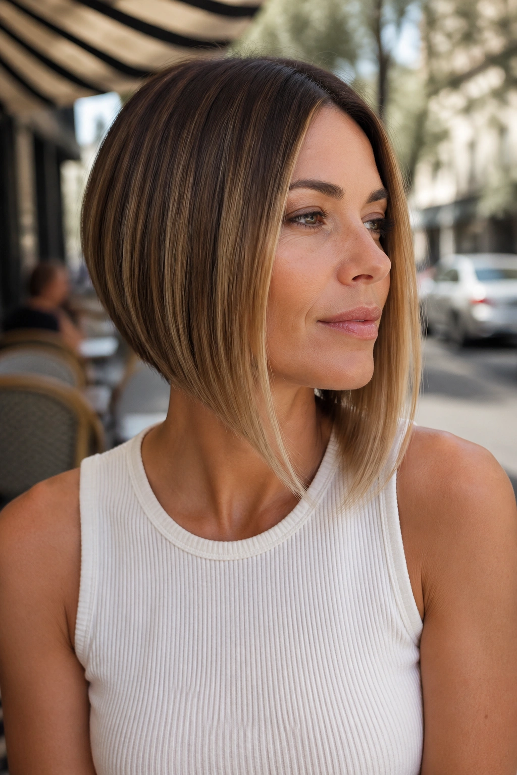 Real woman with A-line bob longer front in daylight