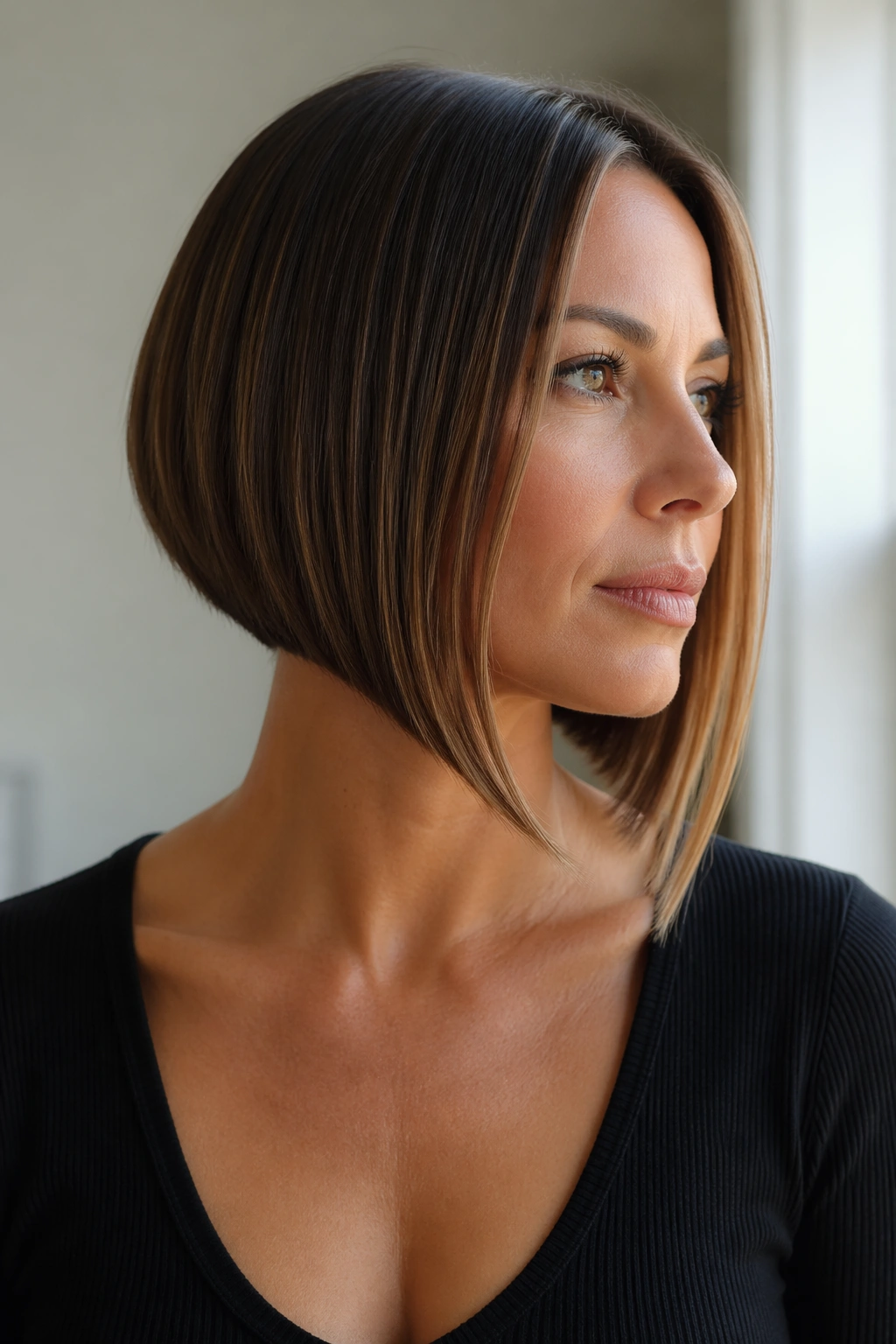 Close-up portrait of a real woman with an A-line bob showing a diagonal line