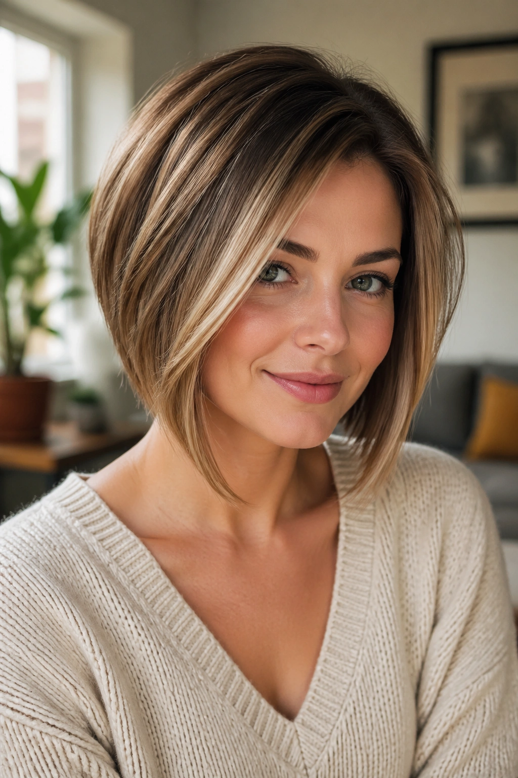 Close-up portrait of a real woman with an A-line bob showing front length longer than back