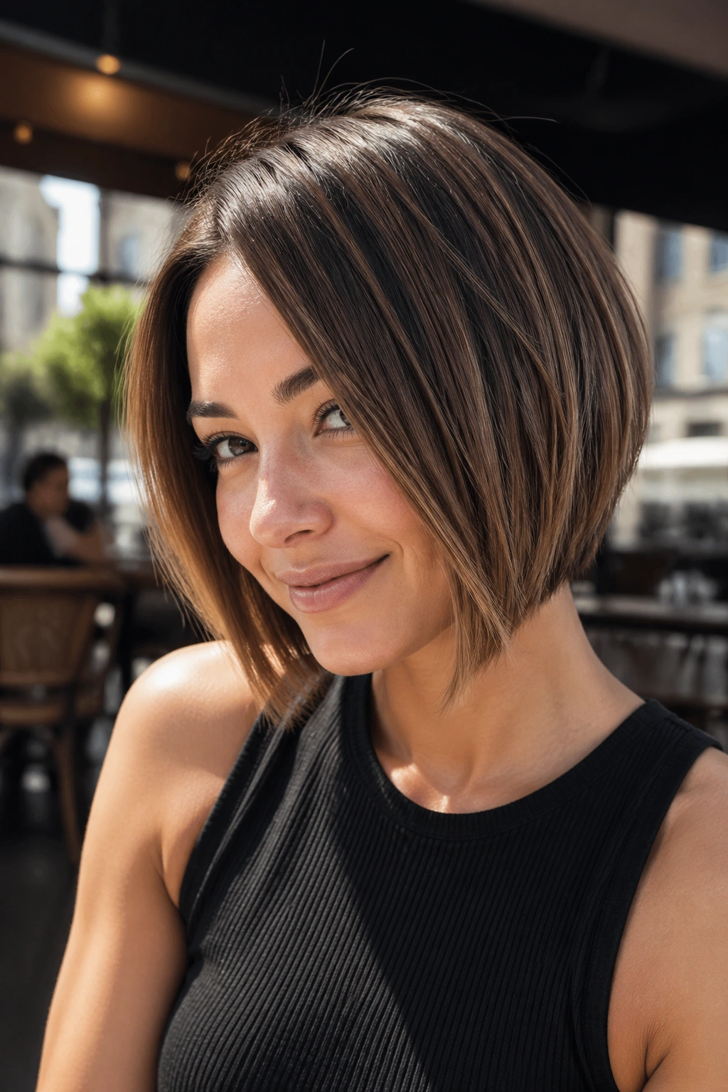 Person with soft diagonal A-line bob showing longer front pieces
