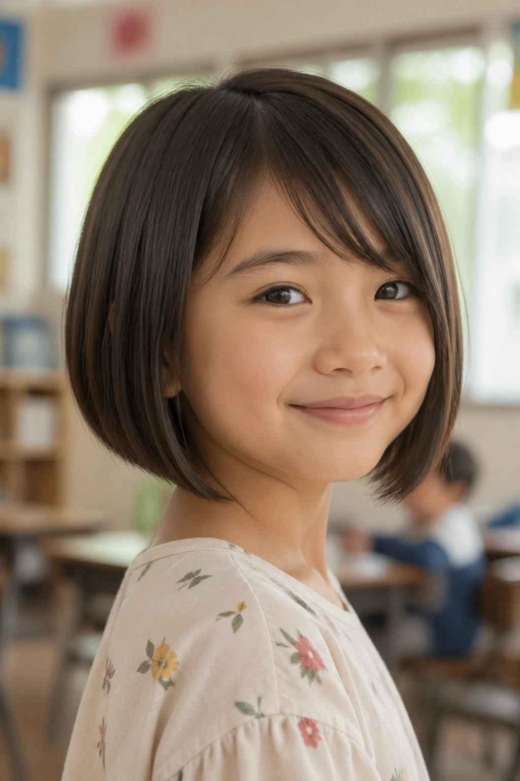 Child with A-line bob and side bangs portrait