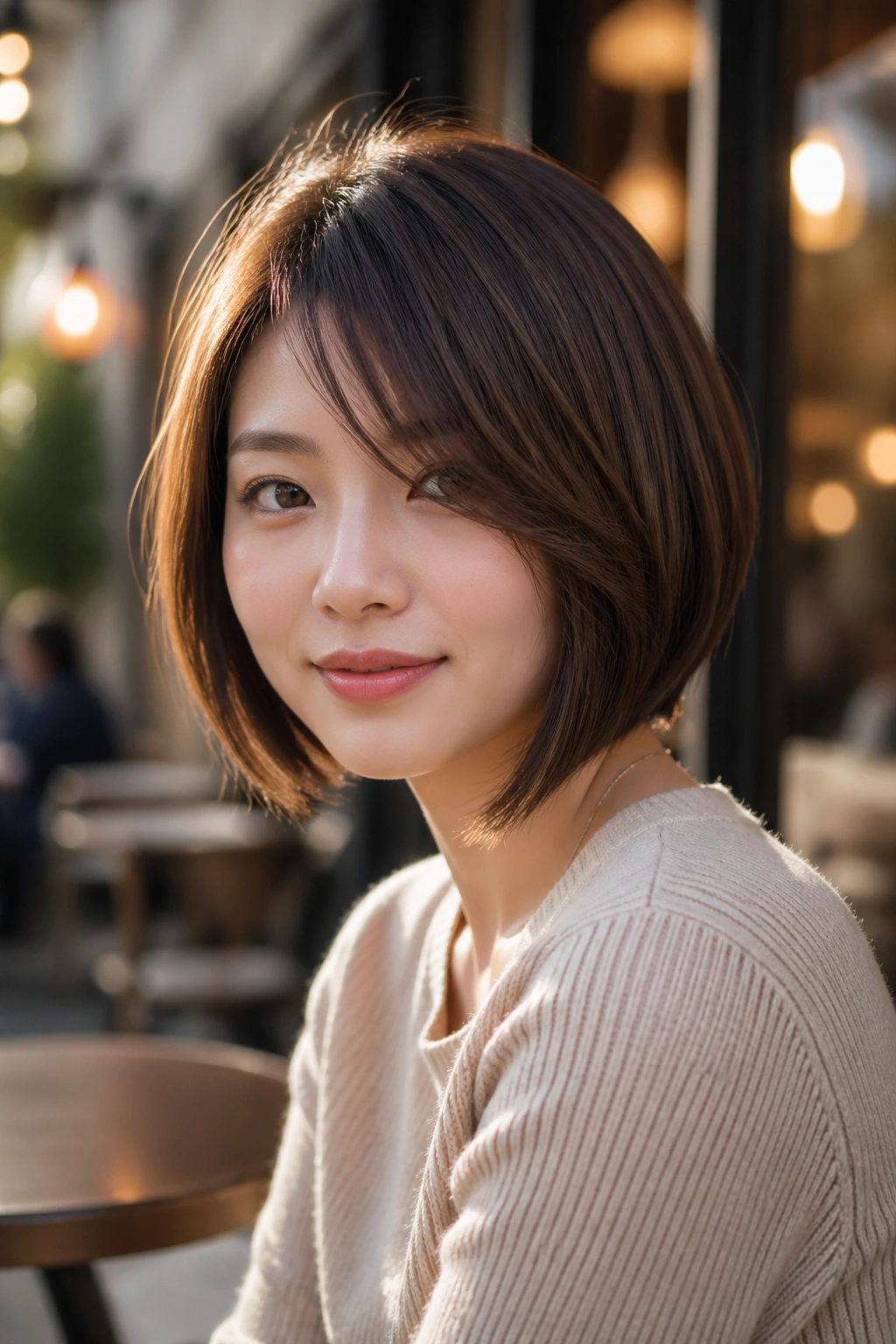 Real person with A-Line bob and side-swept bangs in golden-hour street cafe setting.