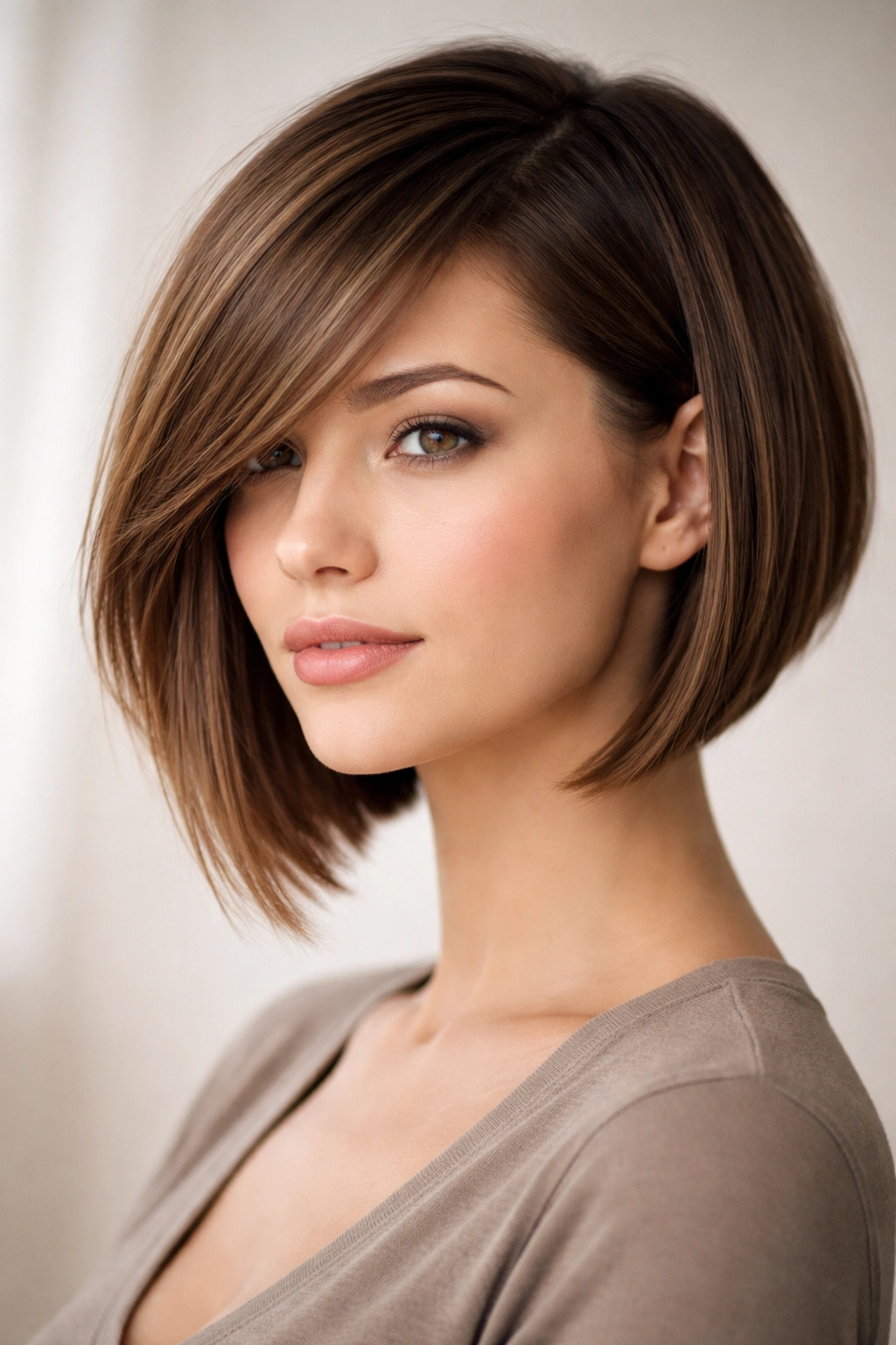 A-line bob with side-swept fringe showing diagonal silhouette