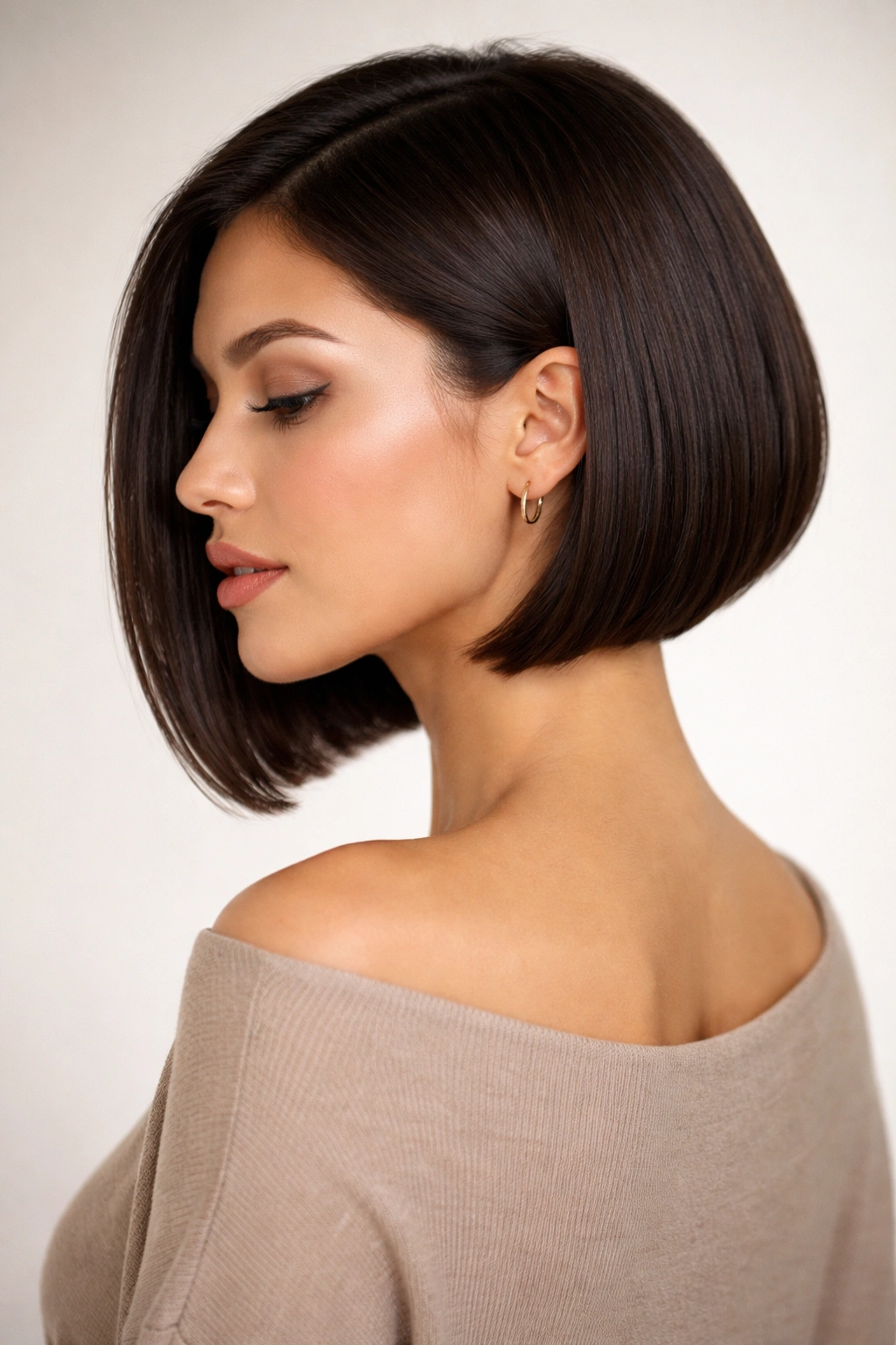 A-line bob with slight back drop in dark brown hair