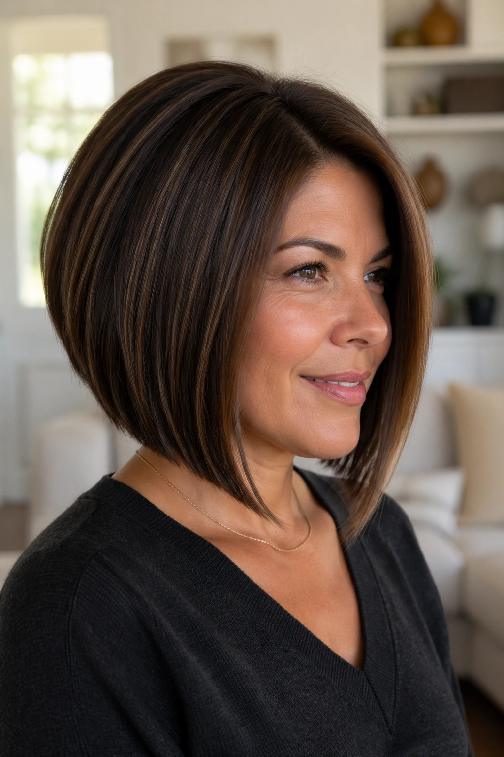 Close-up portrait of a real woman with an A-line bob showing front longer than back