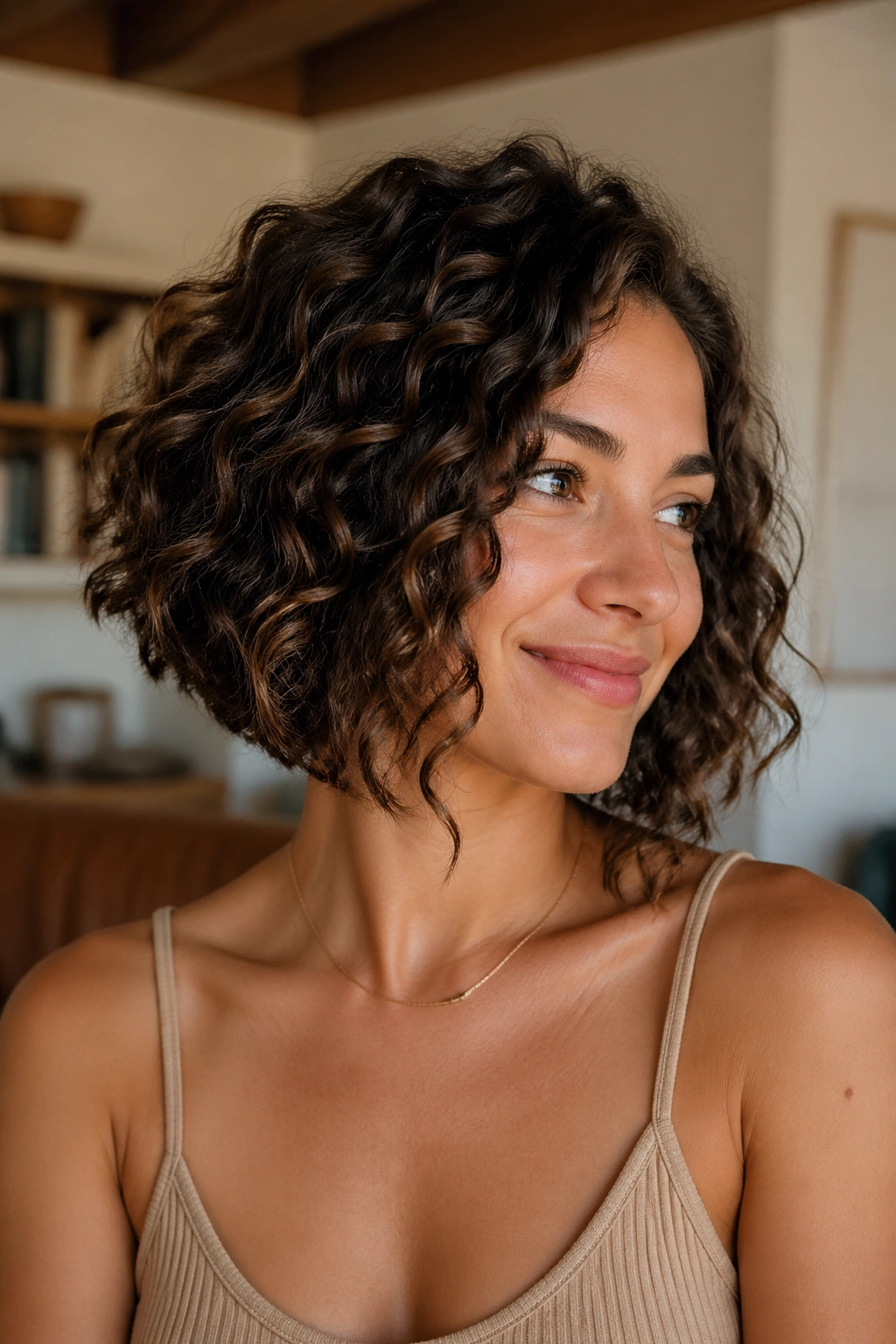 Close-up of a real woman with an A-Line Curly Bob with a Gentle Angle, front longer than back