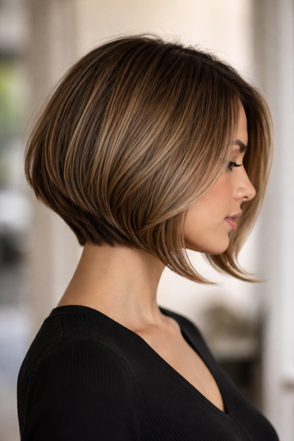 Profile view of an A-line flipped bob with longer front pieces and subtle flip