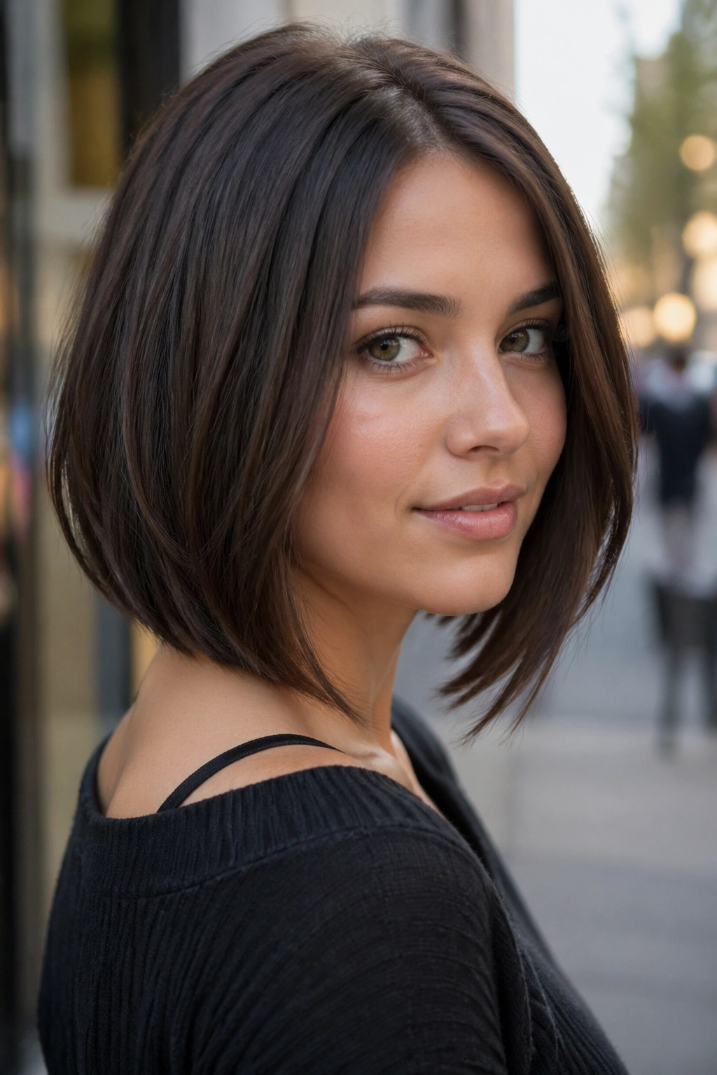 Real girl with A-line lob in urban daylight setting.