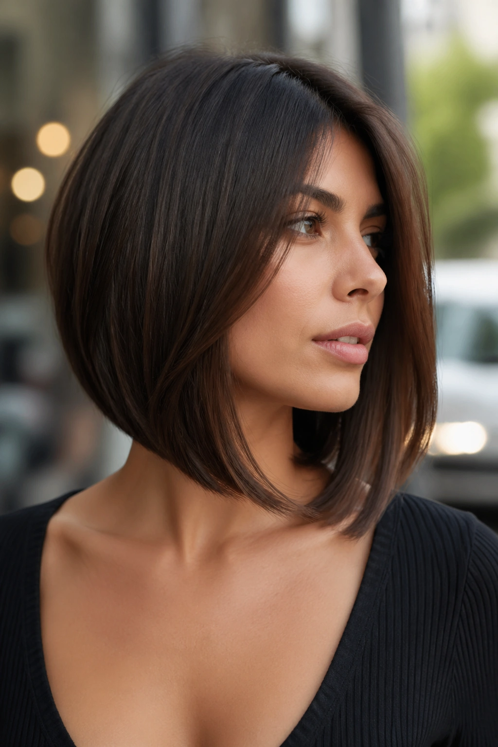 Medium close-up of a real woman with an A-line lob for dense hair