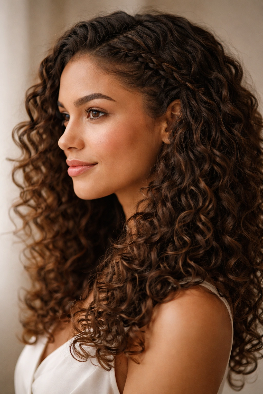 Close-up of a single accent braid along the hairline blending into open curls