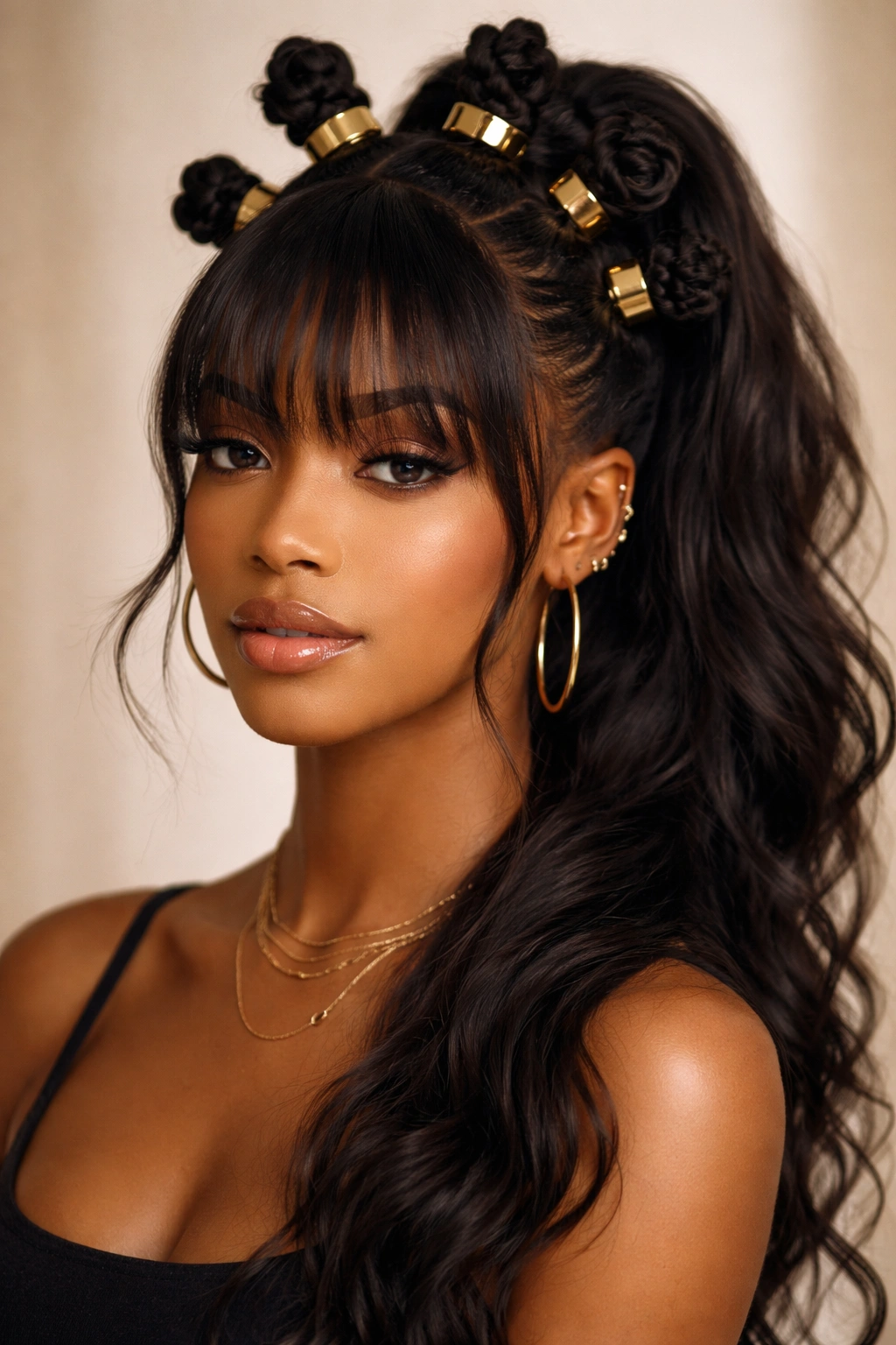 Accessorized bantu knot ponytail with gold cuffs and bangs