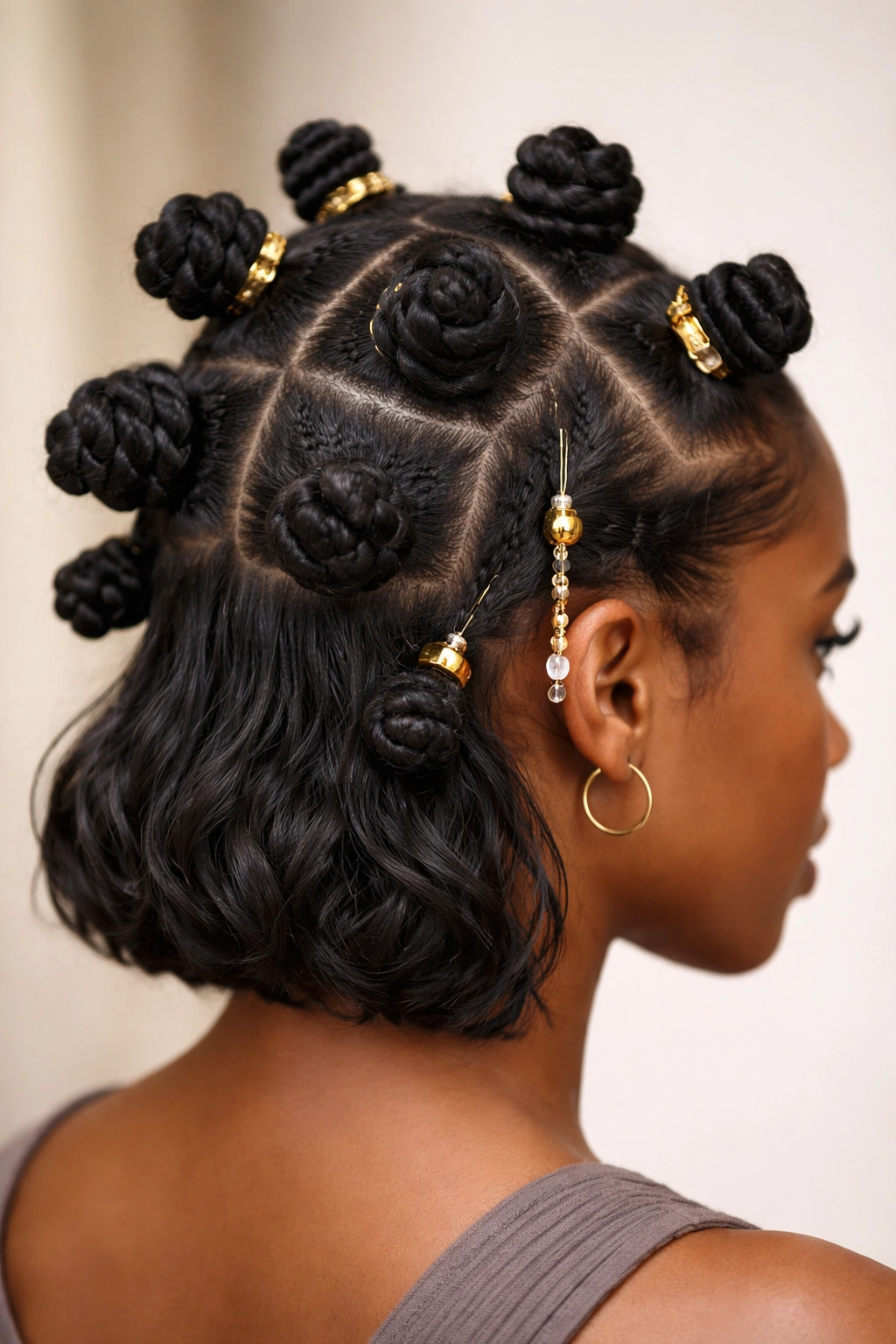 Bantu knots with cuffs and thread decorations
