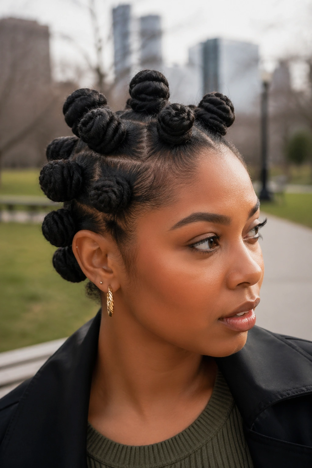 Medium-sized Bantu knots designed for movement on a real person.