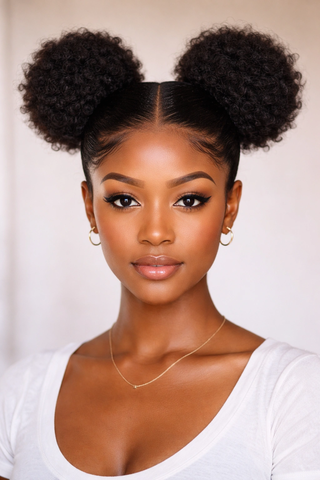 Close-up of classic Afro space buns with a center part on natural hair