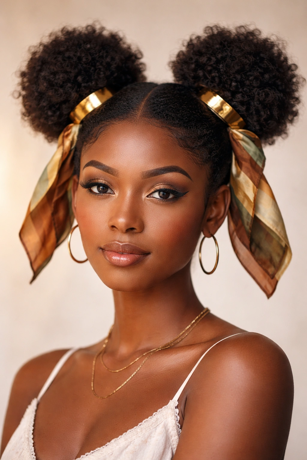 Afro space buns with gold cuffs and scarf accessories