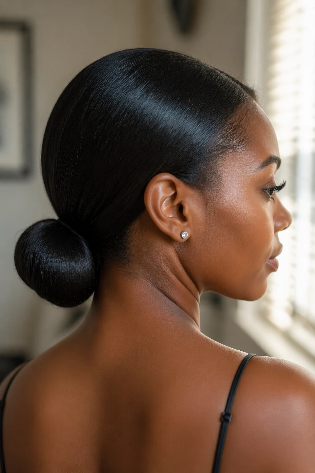 Close-up of a woman with a low sleek bun on straight Afro hair under natural window light