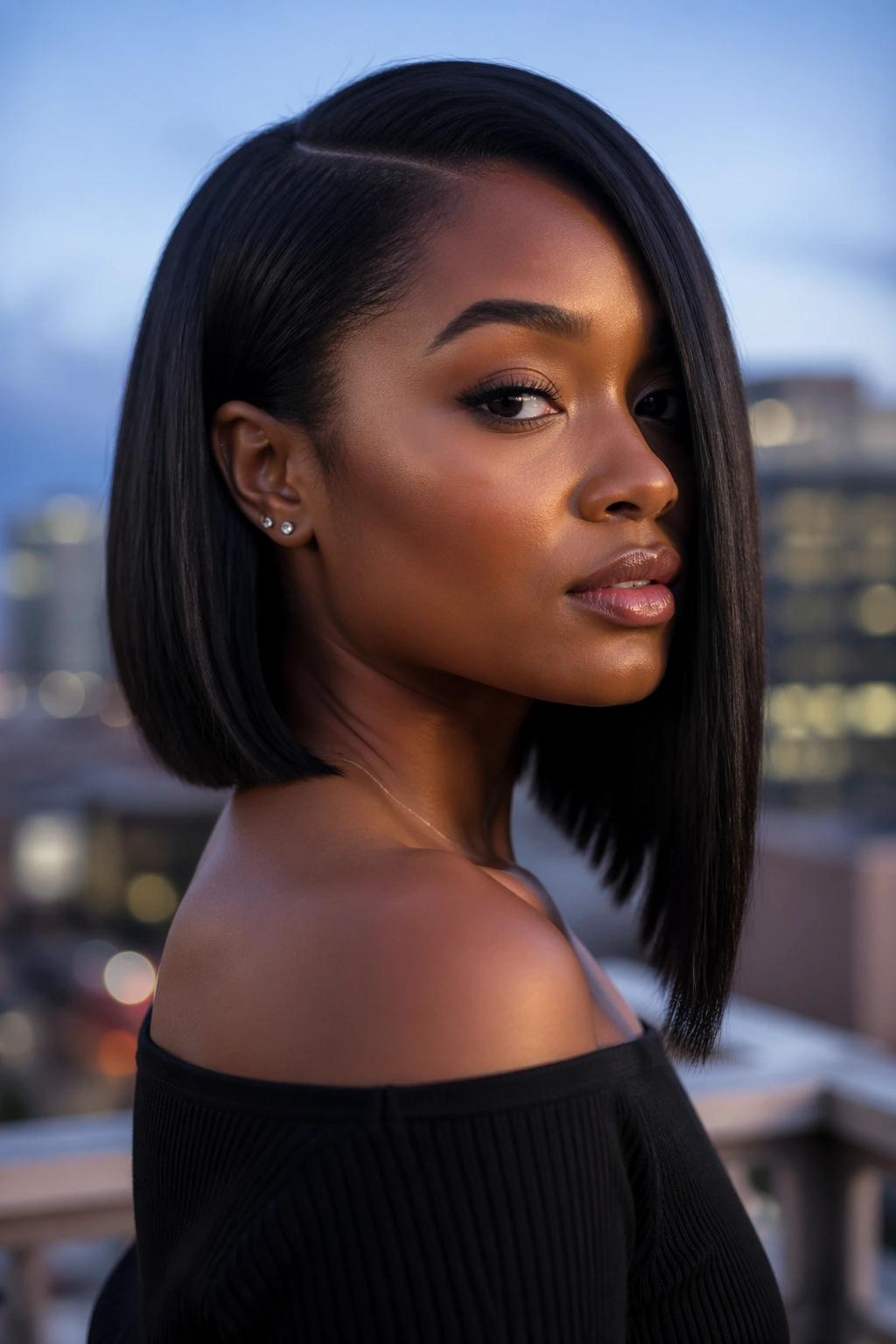 Three-quarter view of a real woman with asymmetrical straight lob.