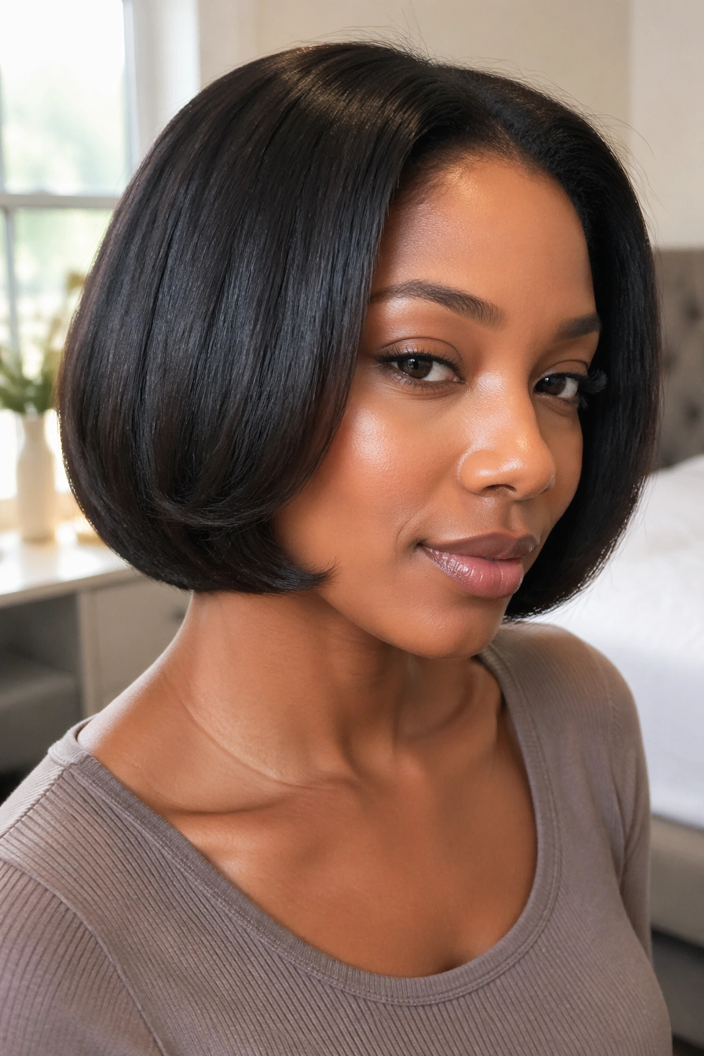 Close-up of a woman with chin-length tucked-under bob, ends inward.