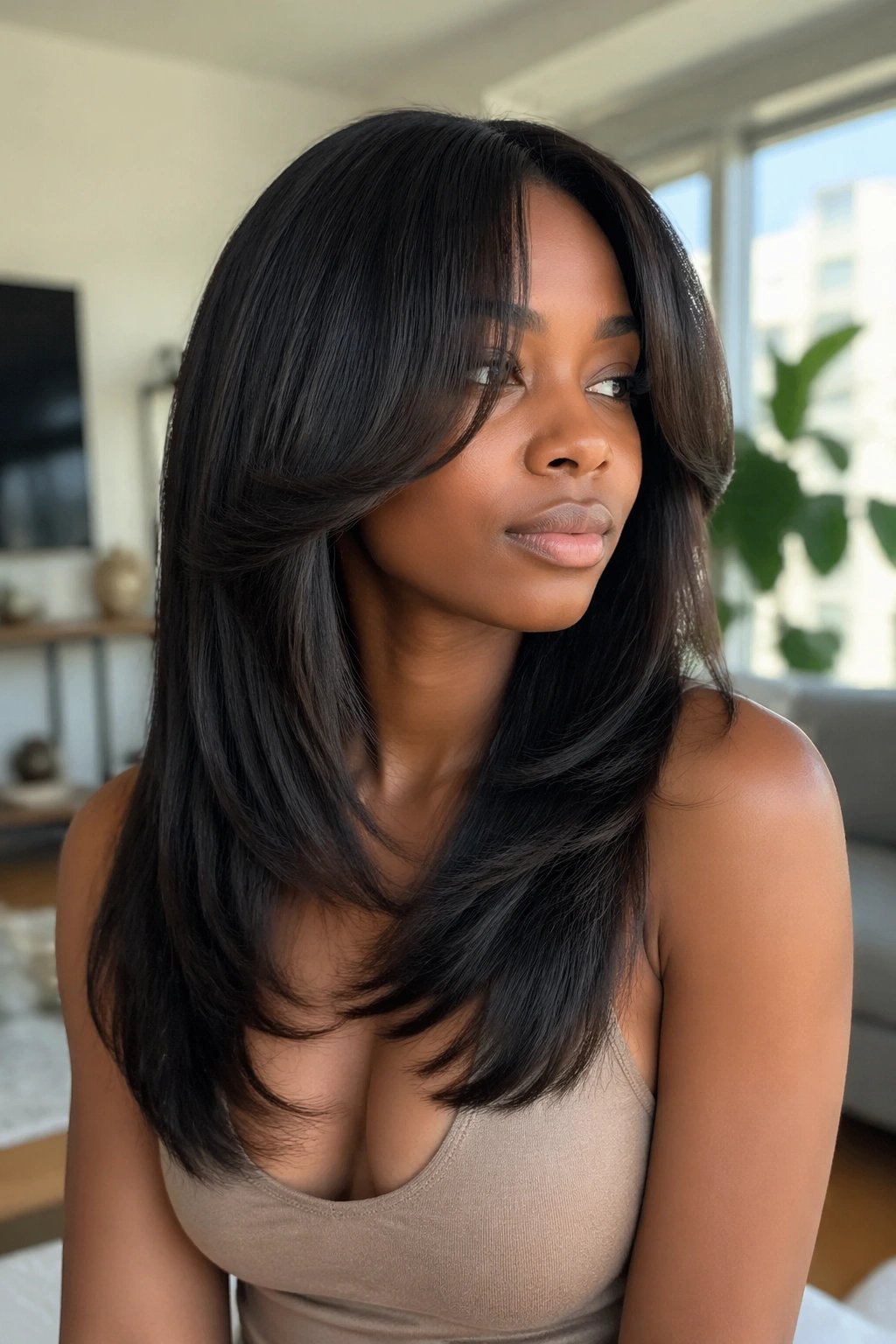 Medium close-up of long layered Afro with curtain bangs.
