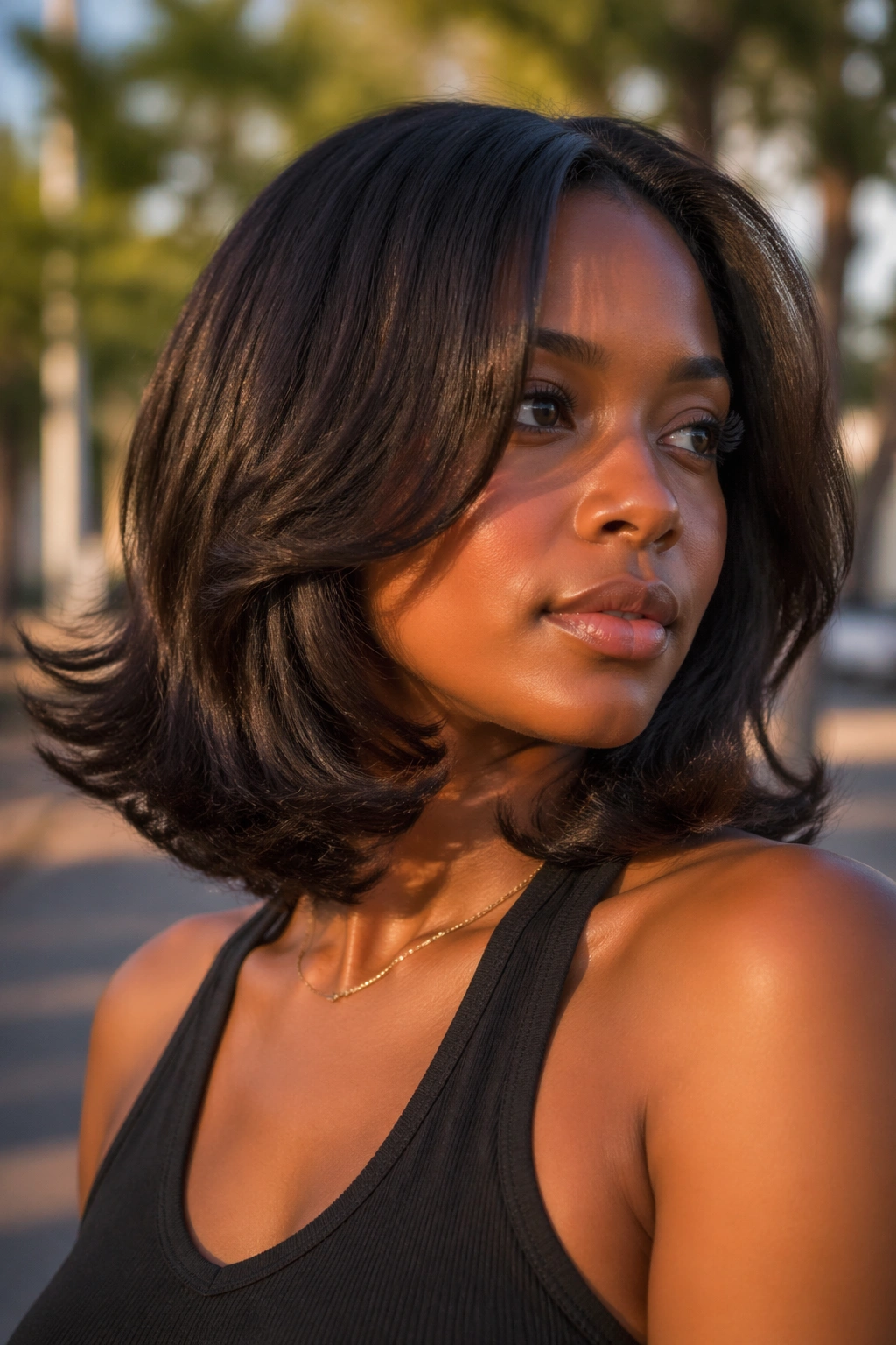 Shoulder-length Afro with feathered flip ends in golden hour light.