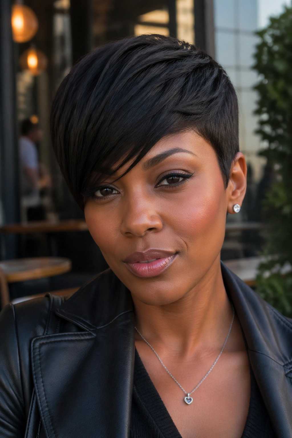 Close-up of a real woman with straight pixie and side-swept fringe.