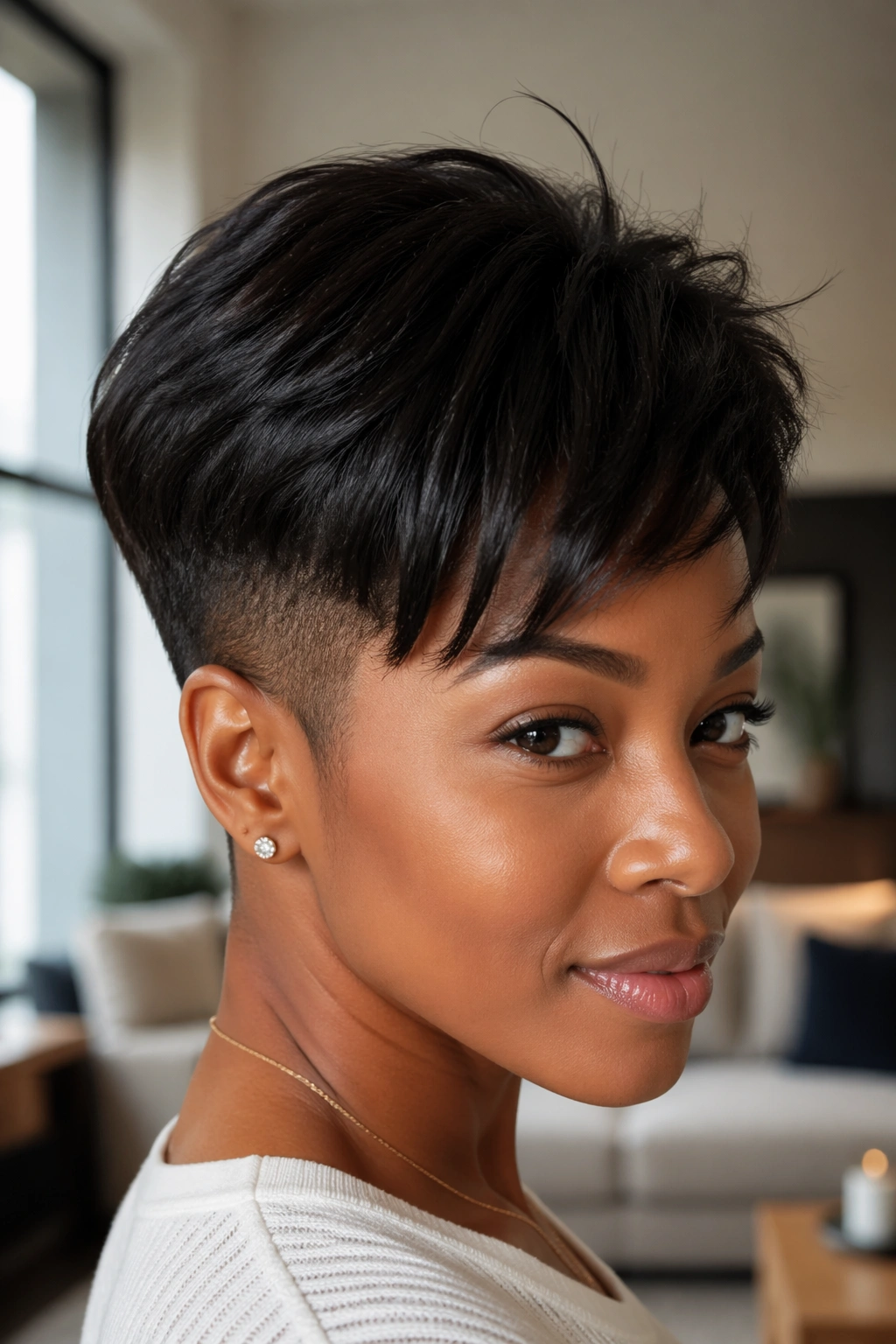 Close-up of a woman with pressed taper and longer top.