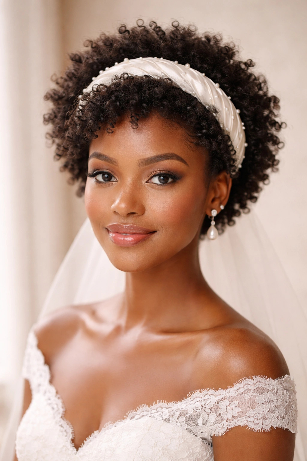 Defined short afro with soft headband framing the face