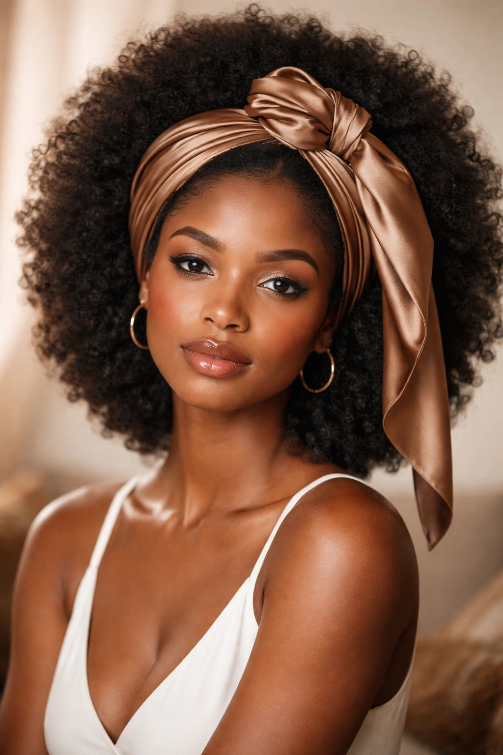 Afro framed by a satin headwrap with a neat knot.