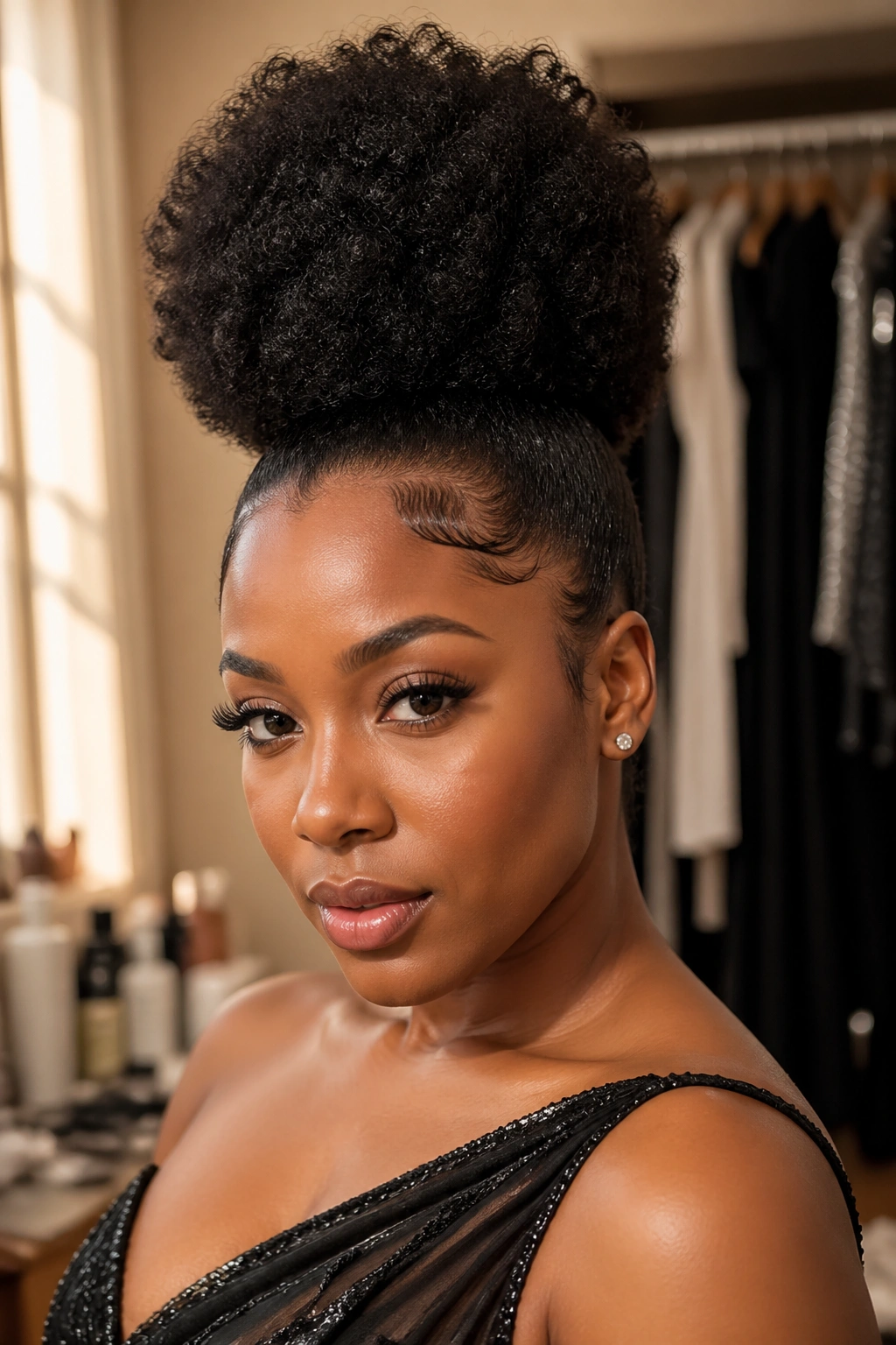 Close-up of a real woman with a sculpted Afro high puff and sleek edges