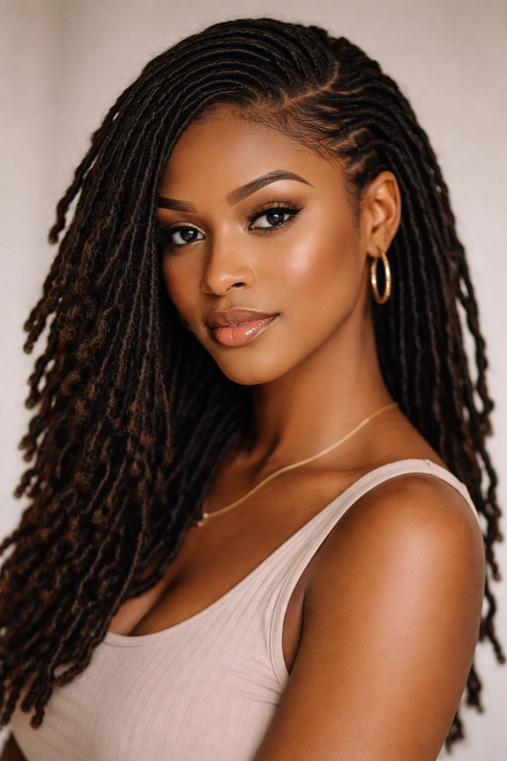 Afro locs with a side part and laid edges showing crisp line