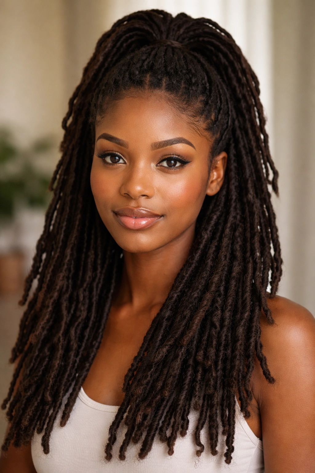 Half-up half-down Afro locs with top section secured at the crown.