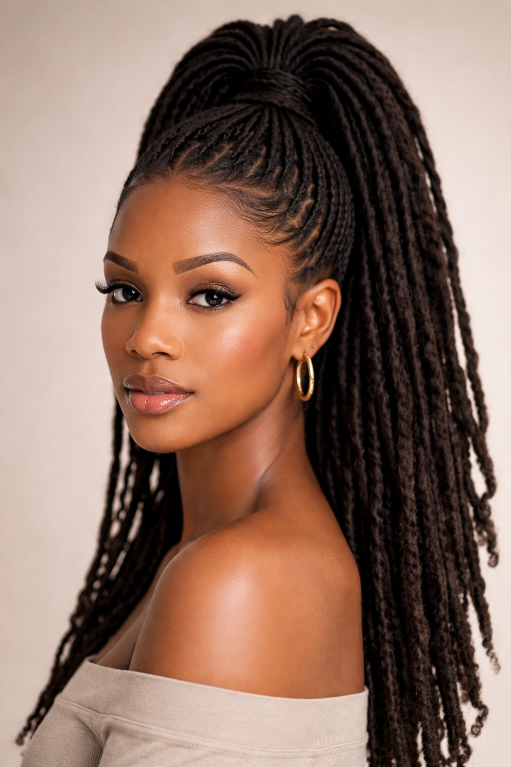 Close-up of an Afro loc high ponytail at the crown with lifted base and smooth front, photorealistic.