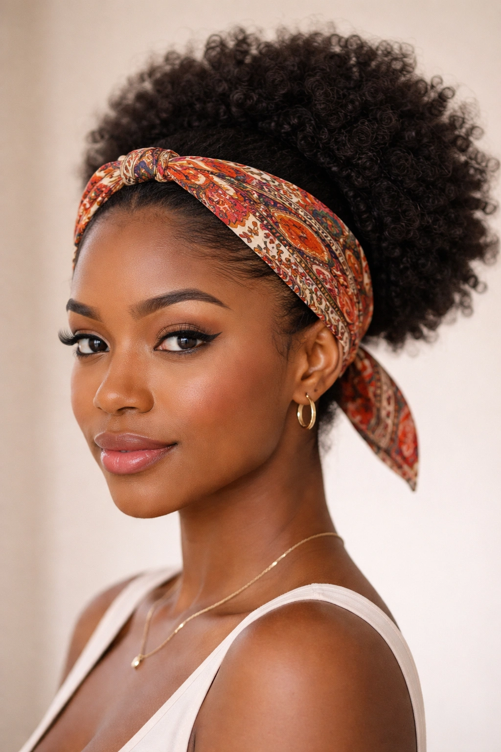 Close-up of an Afro hairstyle showing a low puff and folded-front bandana
