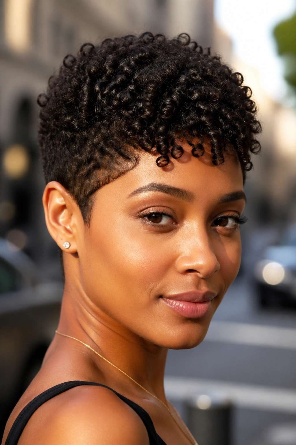 Close-up of a person with an afro pixie cut and defined ringlets